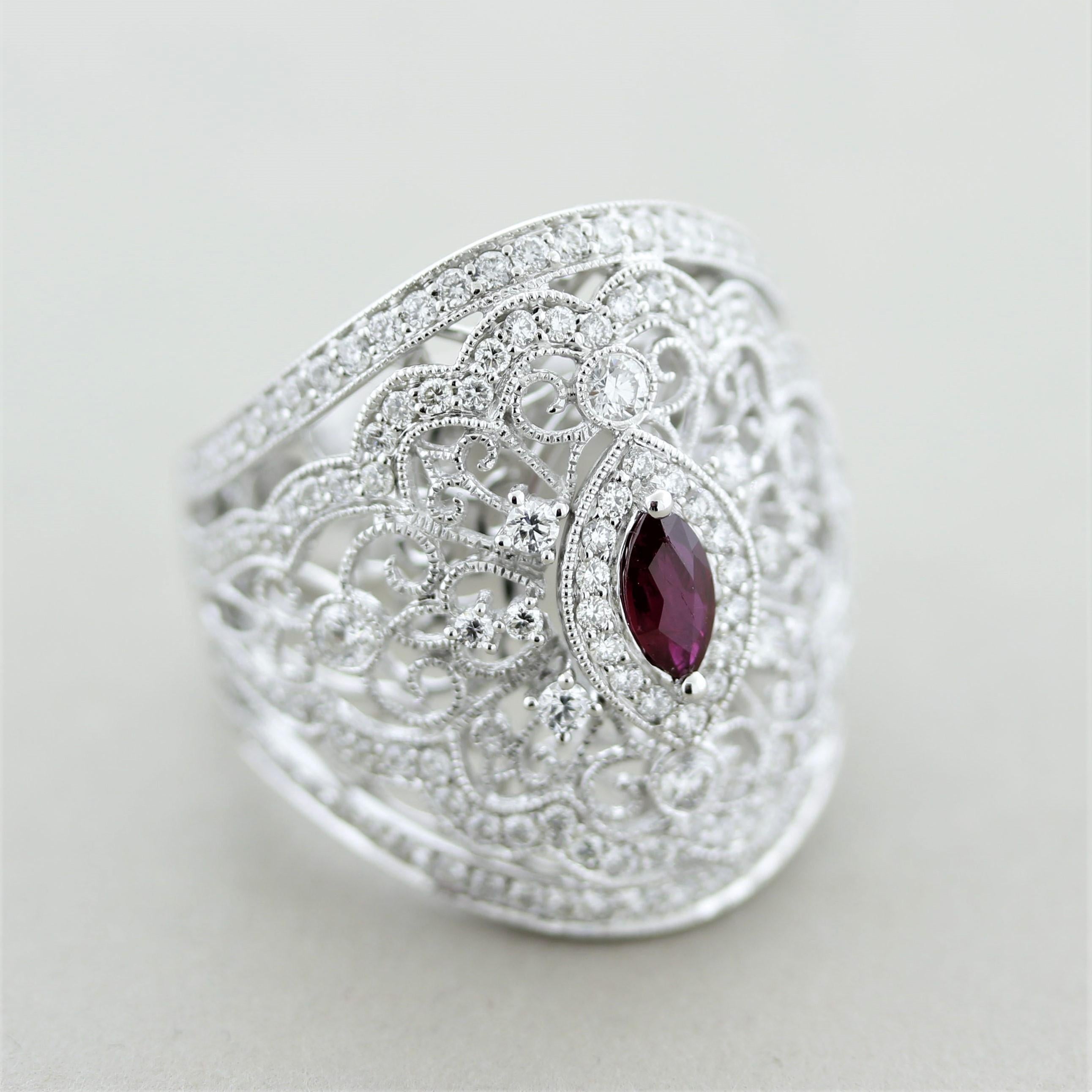 Antique Style Diamond Ruby Wide Band Ring For Sale 1