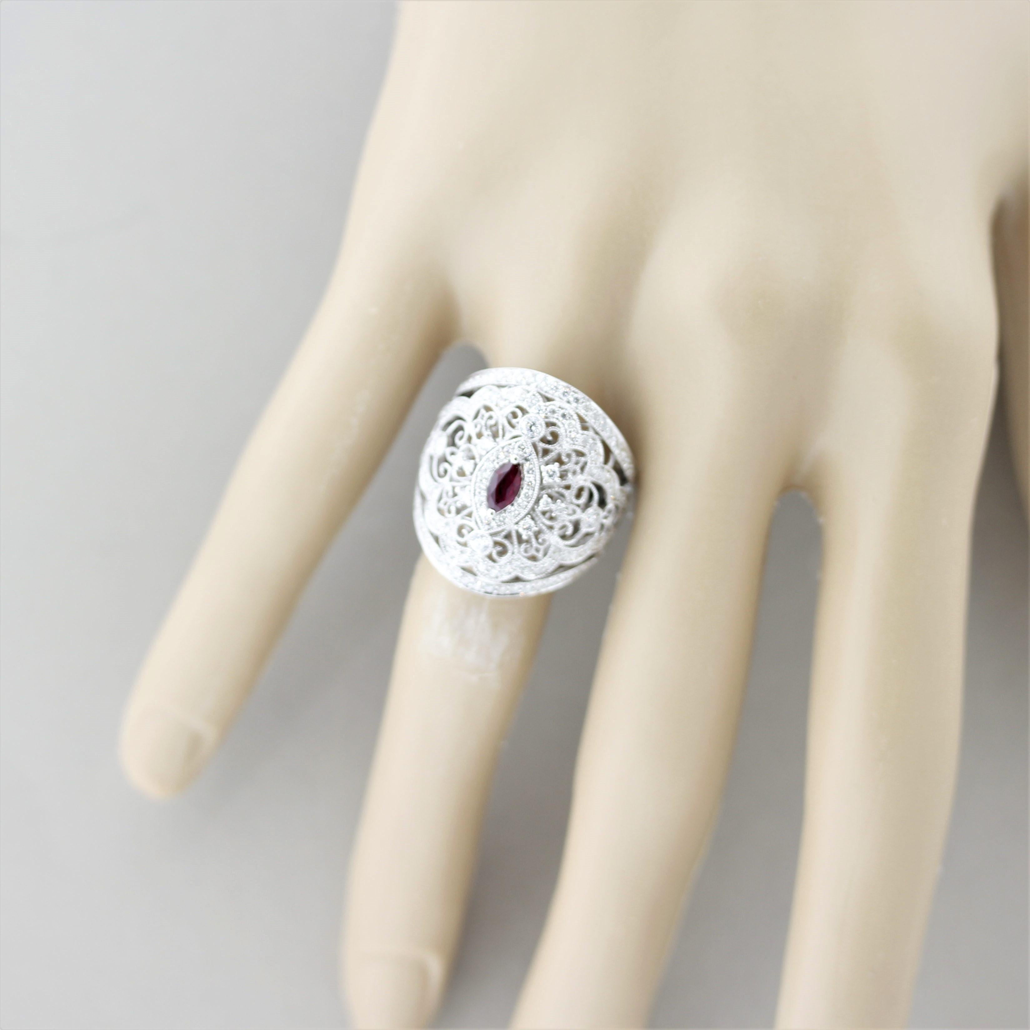 Antique Style Diamond Ruby Wide Band Ring For Sale 2