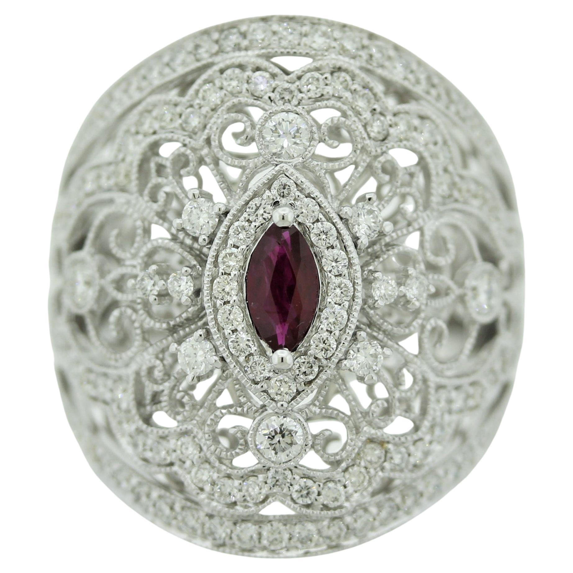 Antique Style Diamond Ruby Wide Band Ring