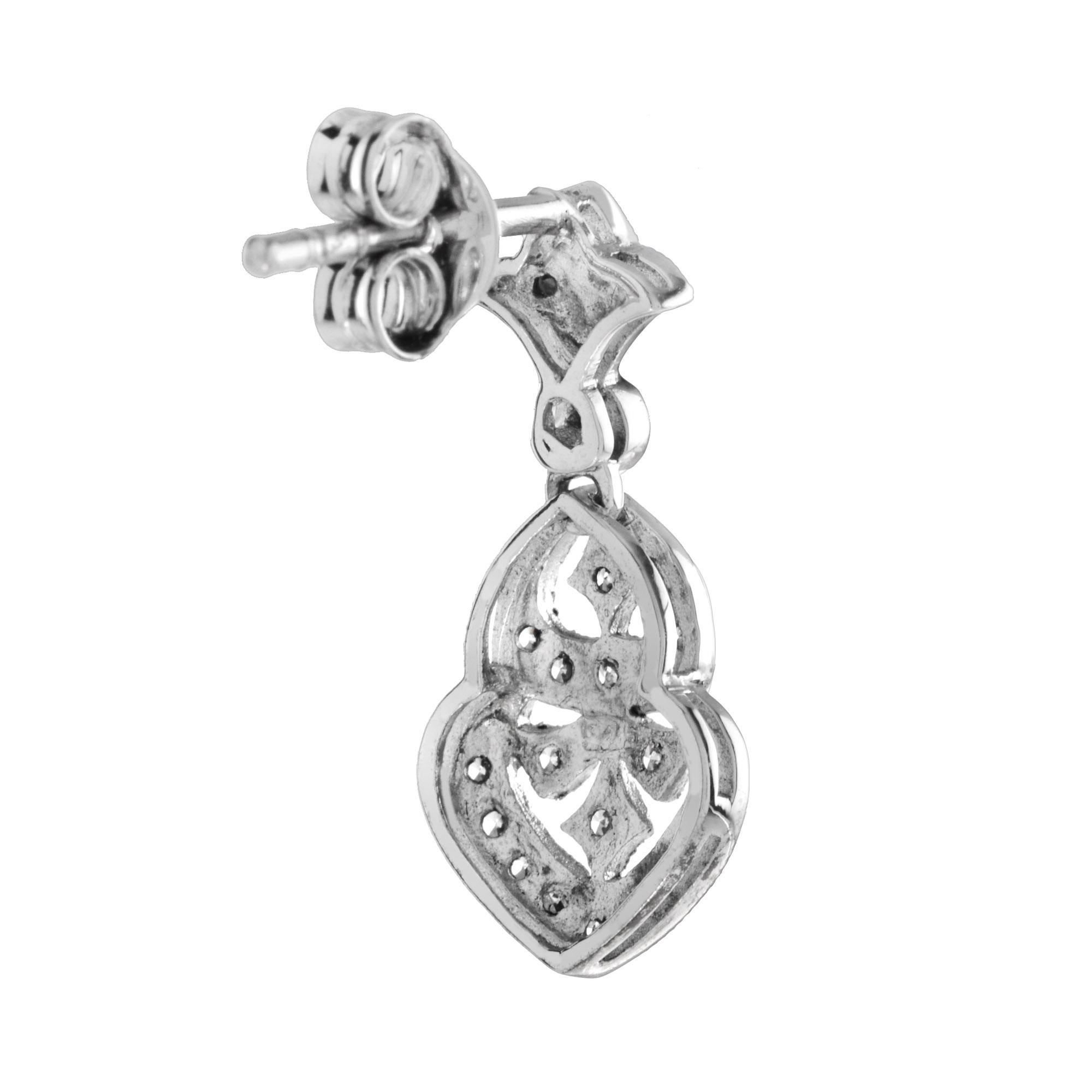 Round Cut Antique Style Diamond Trefoil Drop 14K White Gold Earrings For Sale