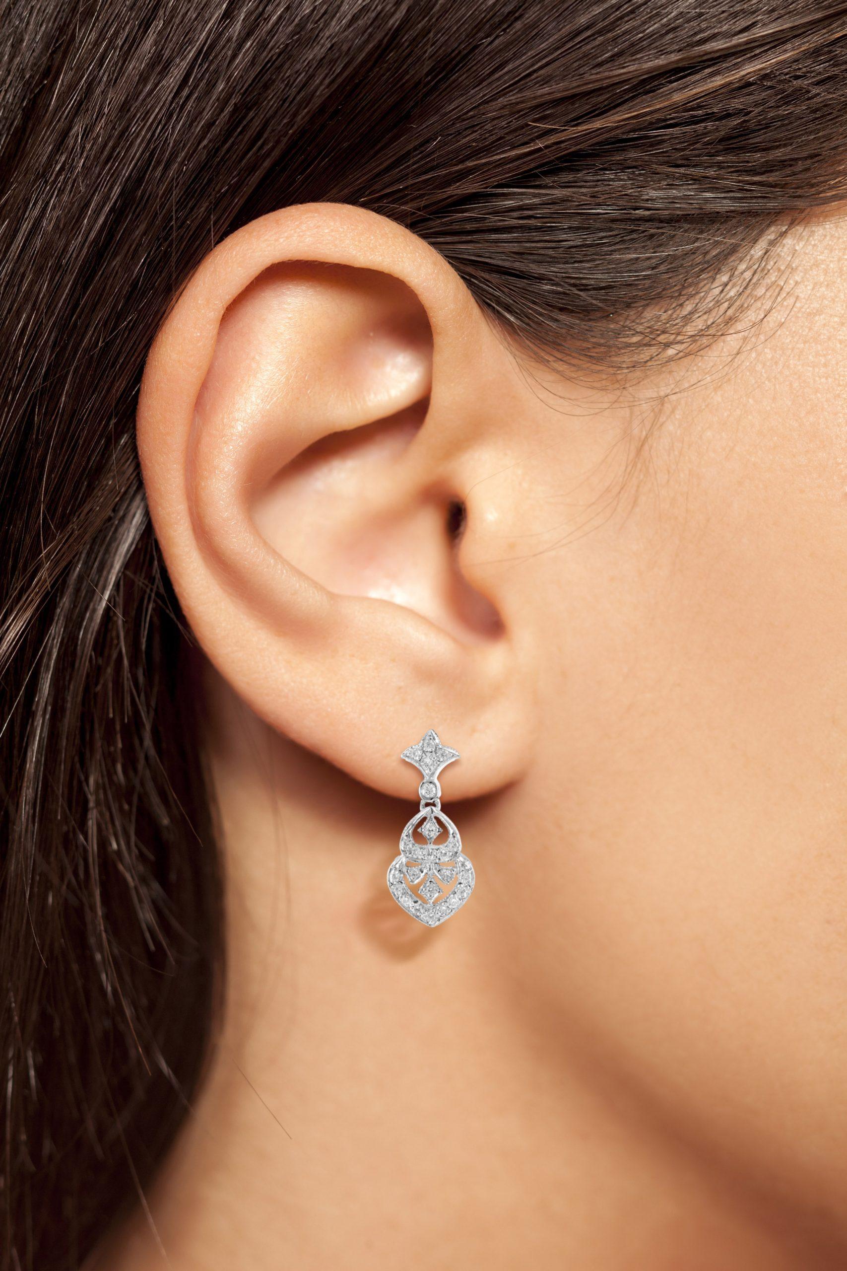 Women's Antique Style Diamond Trefoil Drop 14K White Gold Earrings For Sale
