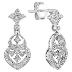 Antique Style Diamond Trefoil Drop 14K White Gold Earrings