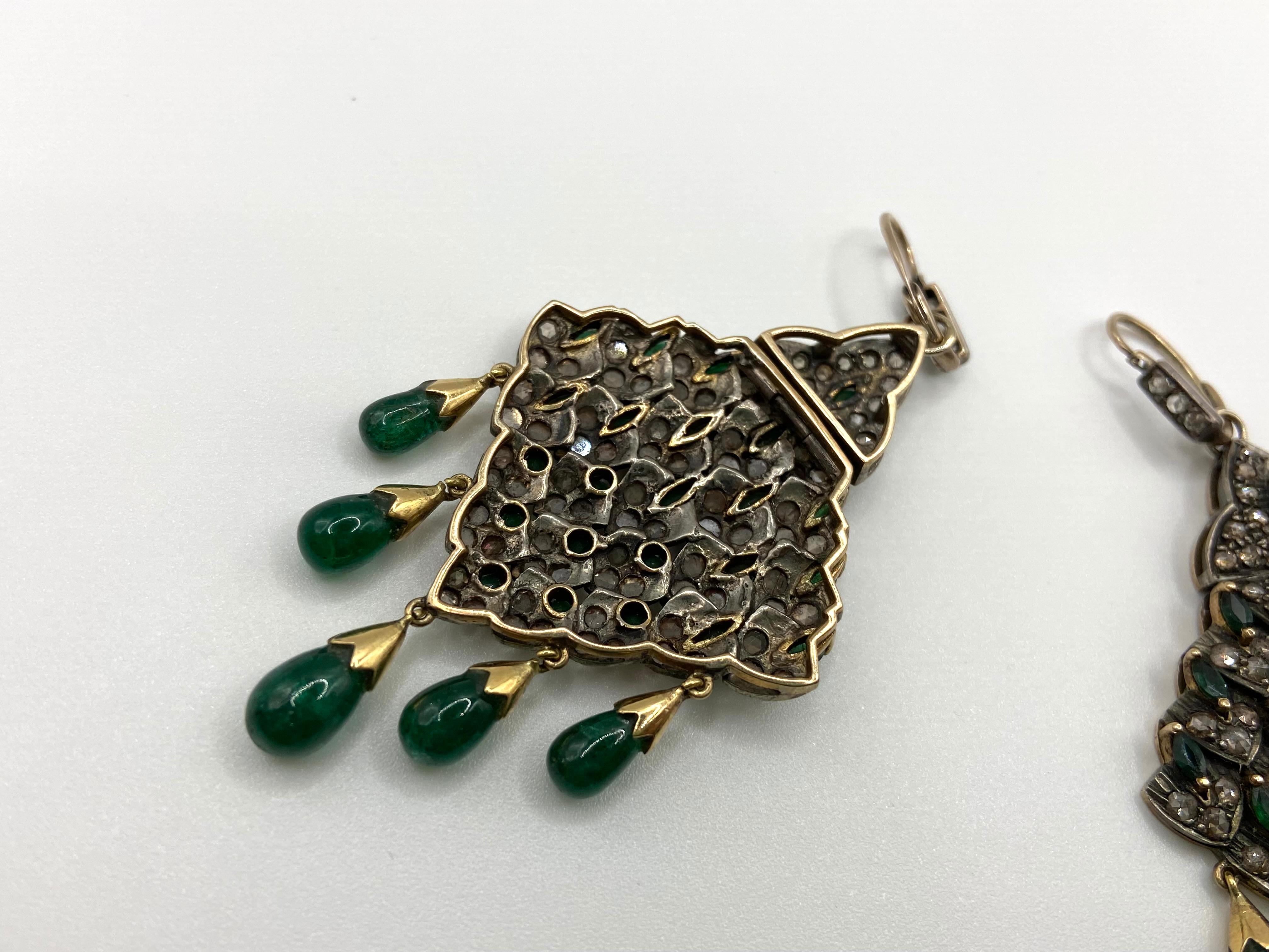 Early Victorian Antique Style Earrings 9Kt Gold, Diamonds, Emeralds, 1970s For Sale