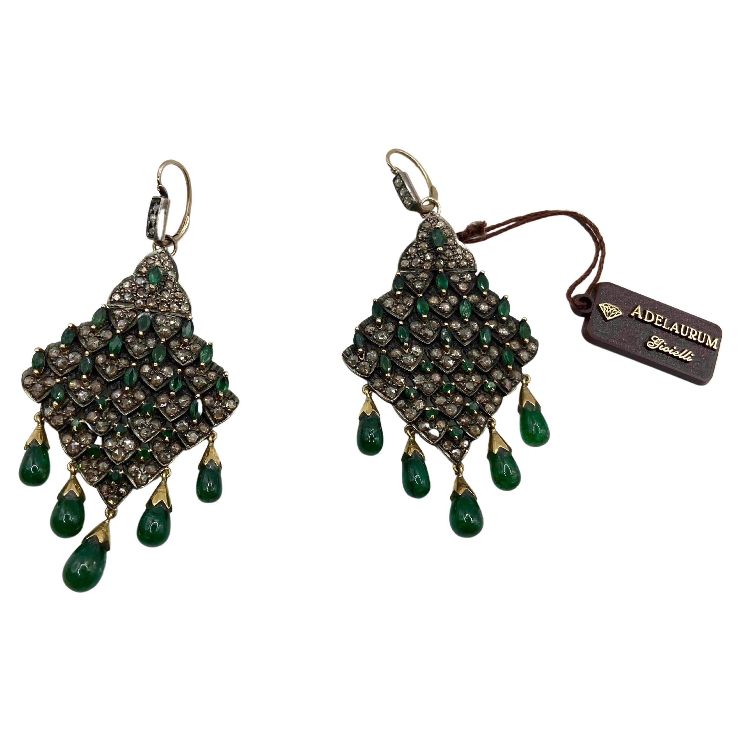 Antique Style Earrings 9Kt Gold, Diamonds, Emeralds, 1970s For Sale