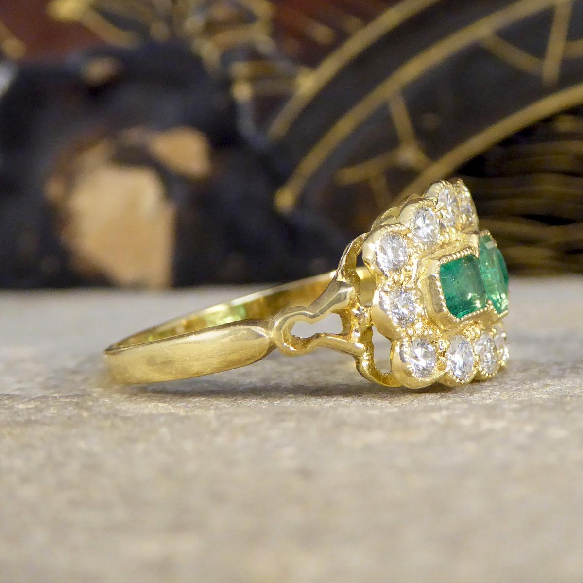 A beautiful antique style Emerald and Diamond boat ring in 18ct Yellow Gold. It is a magnificent piece that captures the essence of vintage elegance and timeless sophistication in a newer contemporary setting. Crafted with meticulous attention to