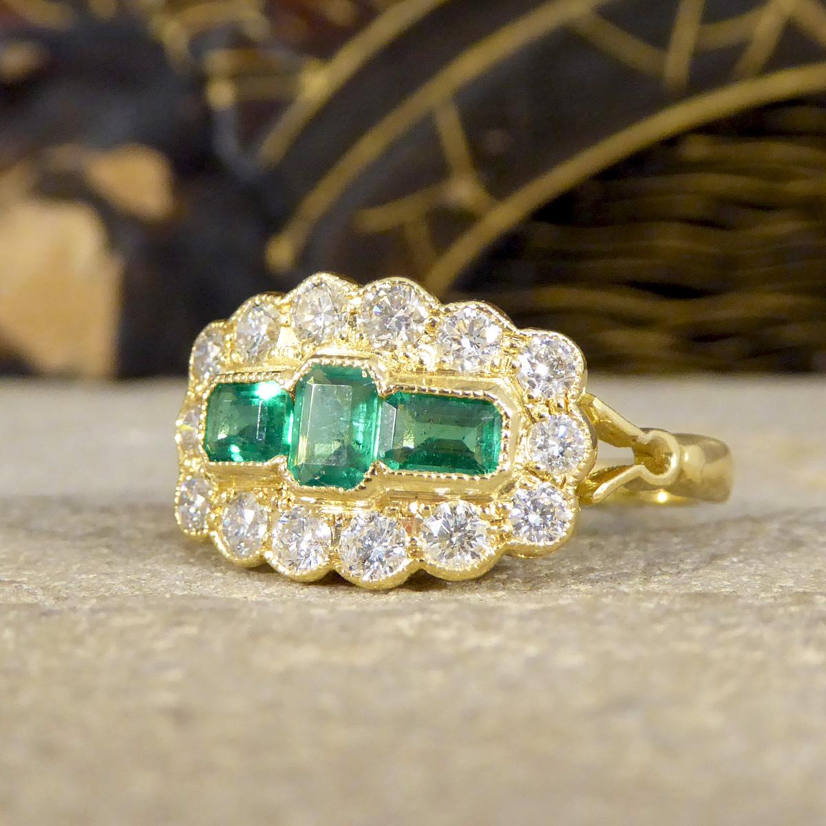 Edwardian Antique Style Emerald and Diamond Boat Ring in 18ct Yellow Gold For Sale