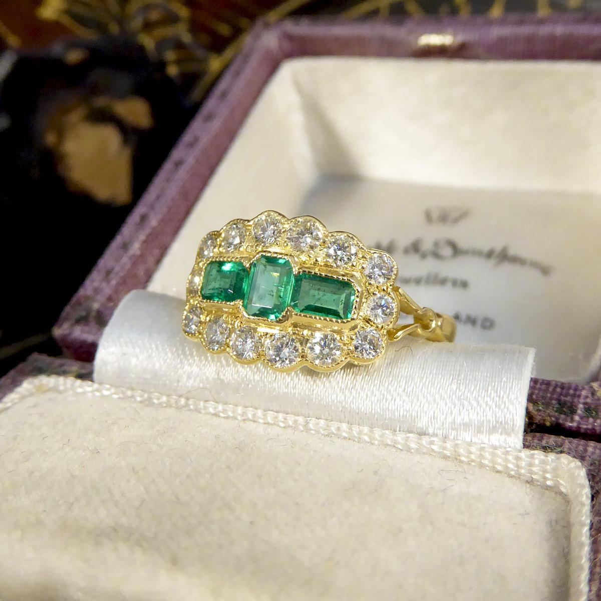 Women's or Men's Antique Style Emerald and Diamond Boat Ring in 18ct Yellow Gold For Sale