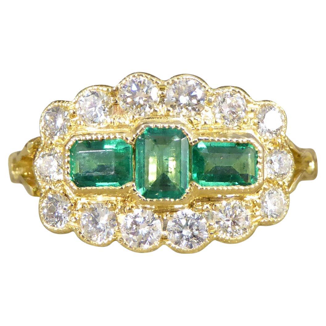 Antique Style Emerald and Diamond Boat Ring in 18ct Yellow Gold For Sale