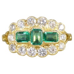 Antique Style Emerald and Diamond Boat Ring in 18ct Yellow Gold
