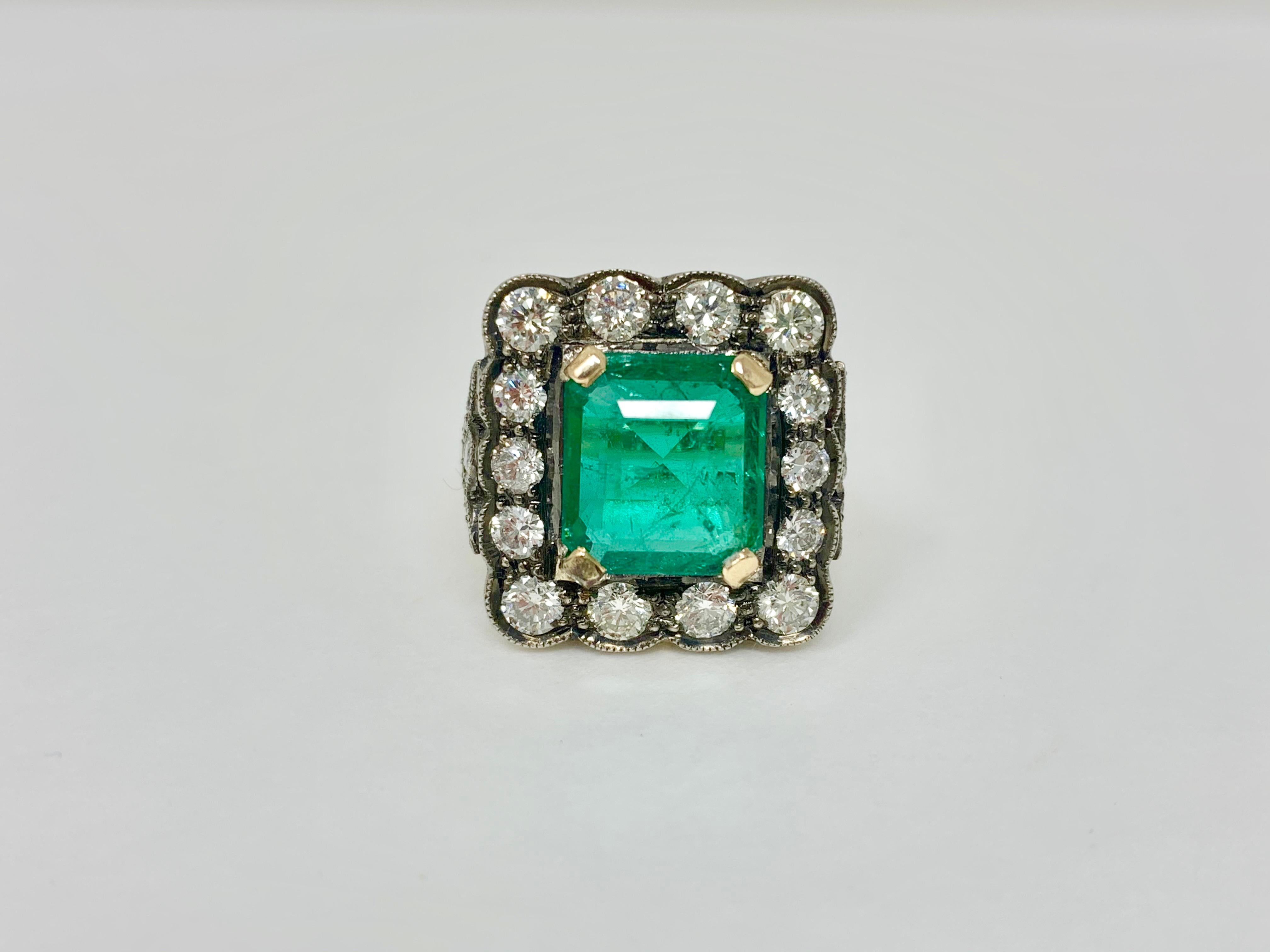 Contemporary Antique Style Emerald and Diamond Engagement Ring in 18 Karat Gold