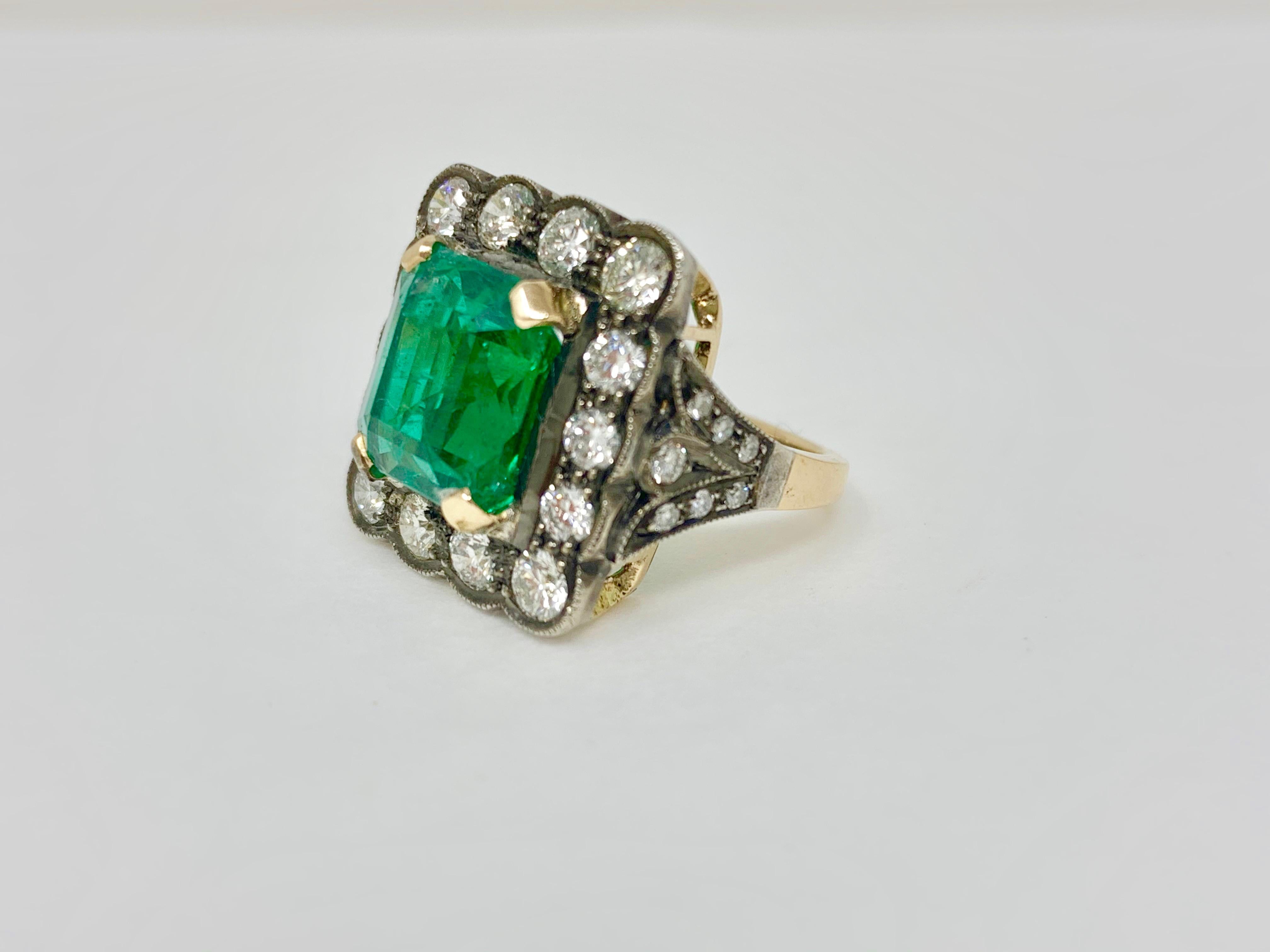 Cushion Cut Antique Style Emerald and Diamond Engagement Ring in 18 Karat Gold