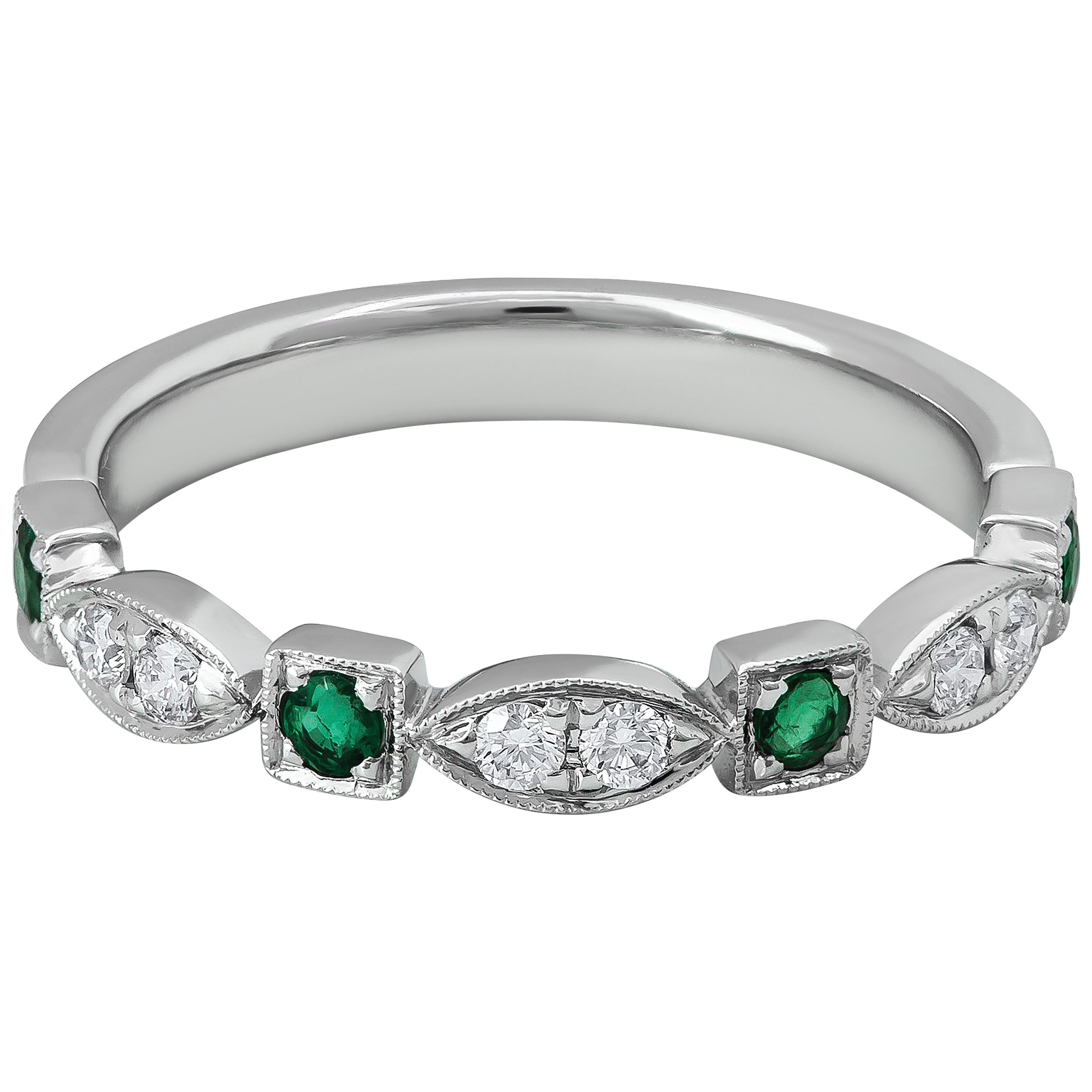 Roman Malakov Antique Style Emerald and Diamond Wedding Band