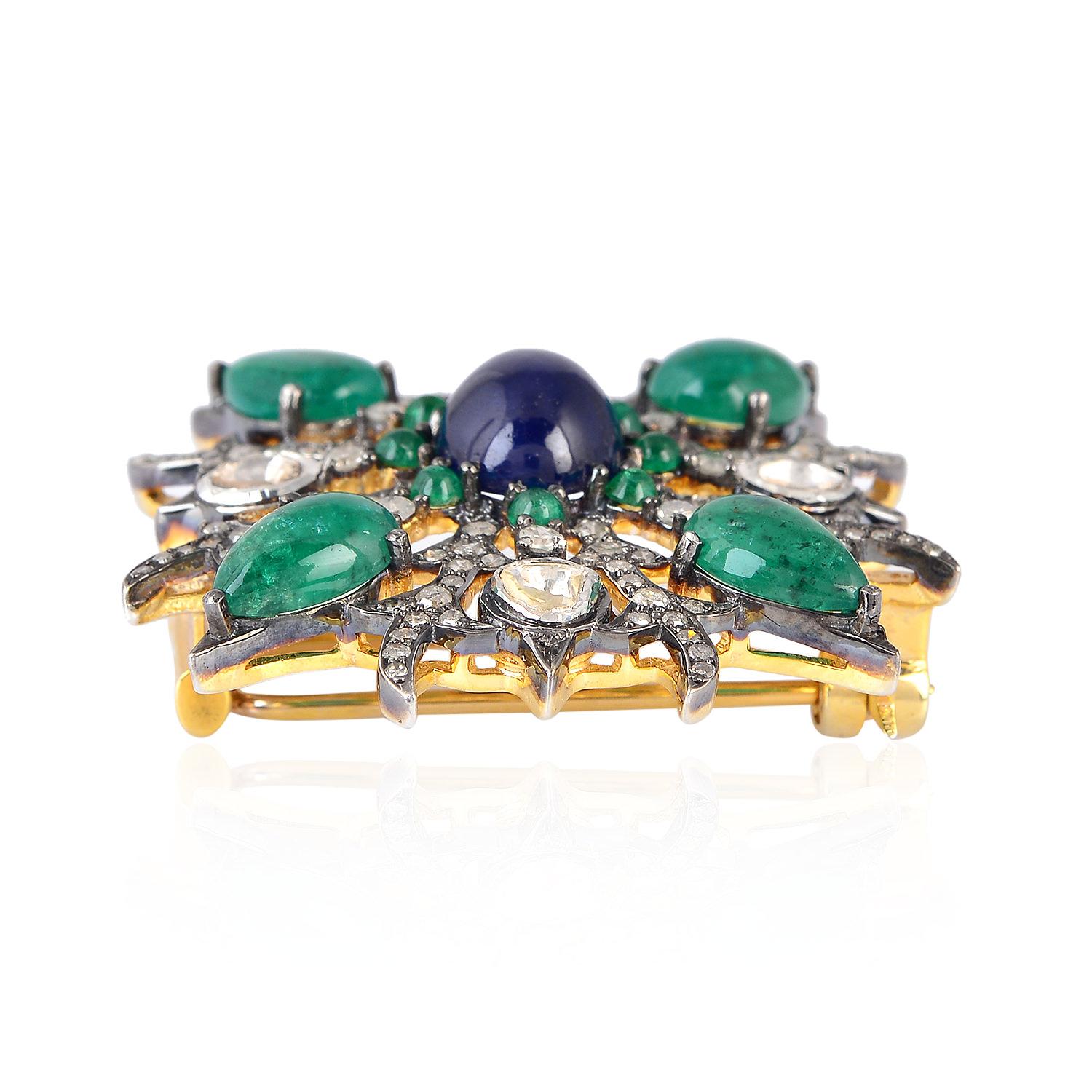 Antike Smaragdblaue Saphir-Diamant-Brosche im Stil (Kunsthandwerker*in) im Angebot