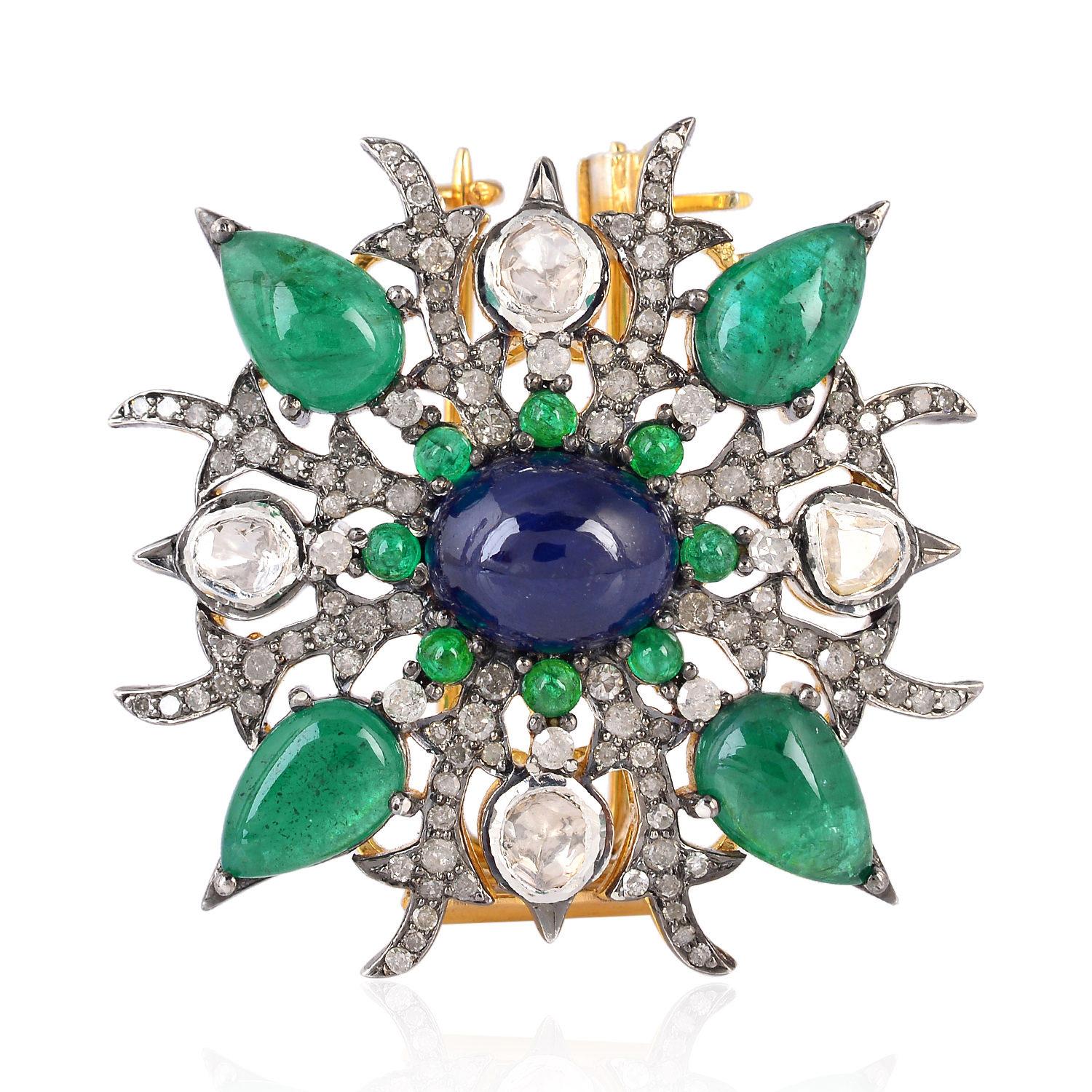 Artisan Antique Style Emerald Blue Sapphire Diamond Brooch For Sale