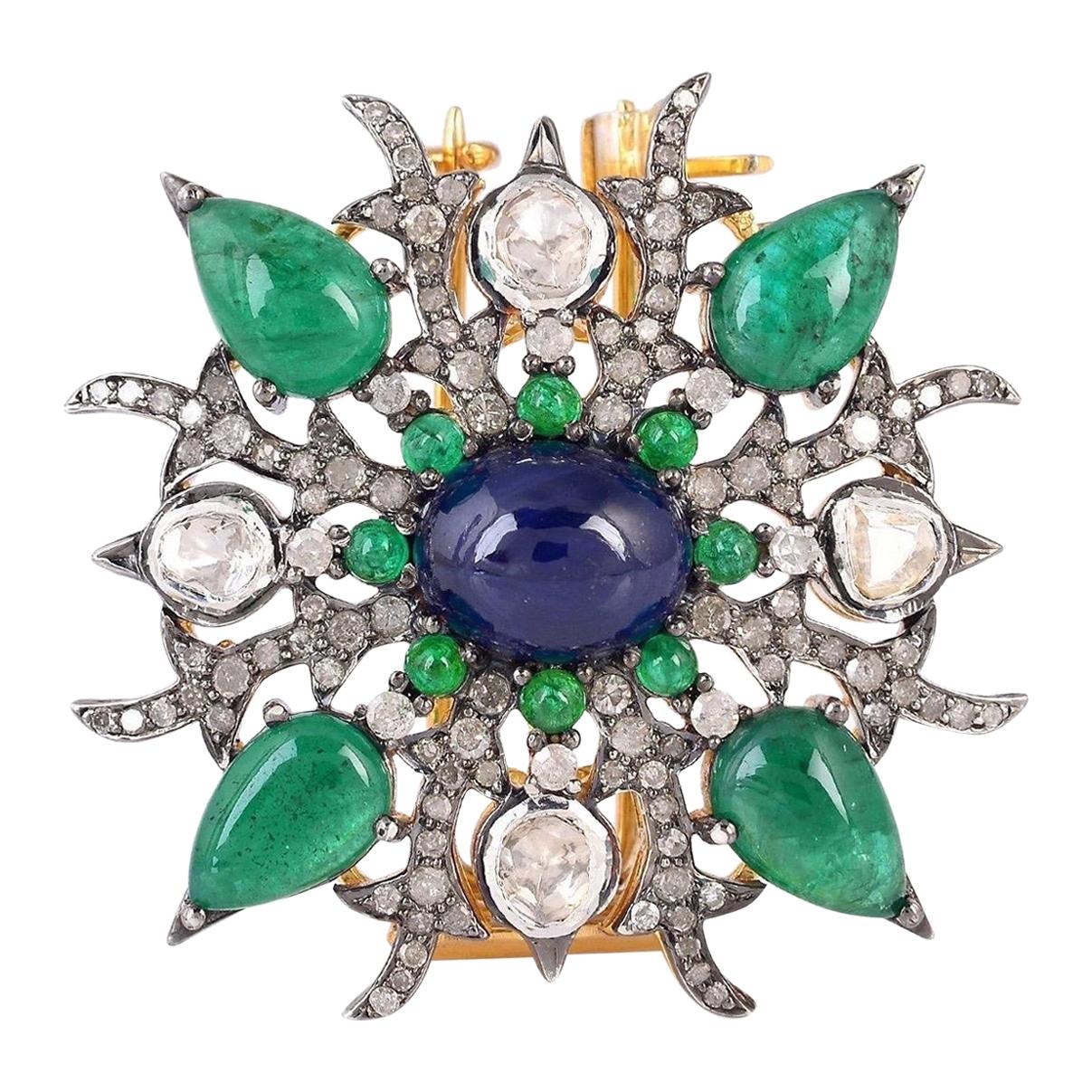 Antique Style Emerald Blue Sapphire Diamond Brooch For Sale