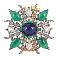 Broche de diamantes zafiro azul esmeralda estilo antiguo