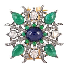 Antique Style Emerald Blue Sapphire Diamond Brooch