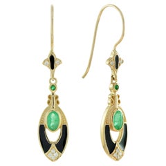 Boucles d'oreilles de style ancien en or jaune 14K avec émeraude, diamant et émail noir
