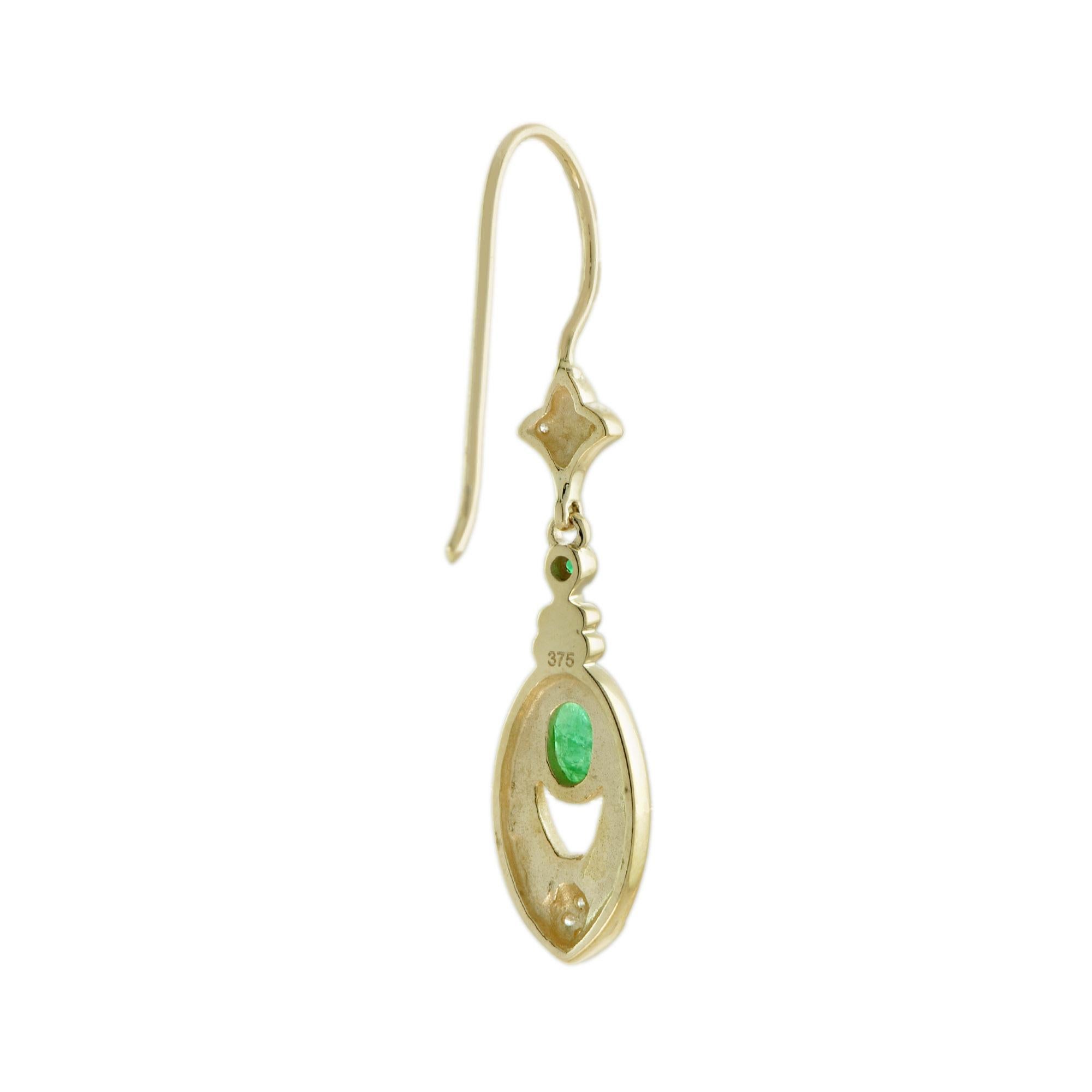 Art Deco Antique Style Emerald Diamond Black Enamel Dangle Earrings in 9k Yellow Gold For Sale