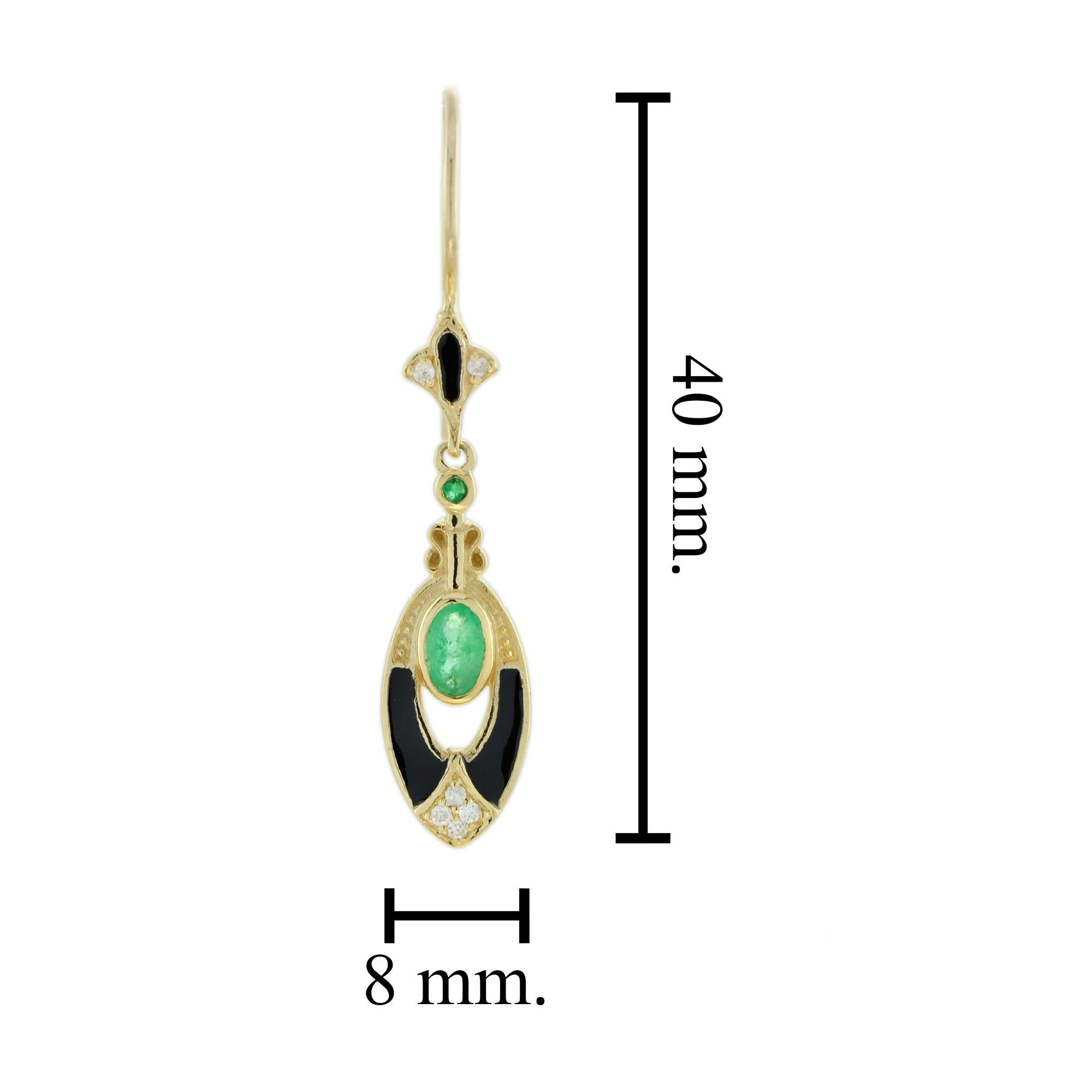 Oval Cut Antique Style Emerald Diamond Black Enamel Dangle Earrings in 9k Yellow Gold For Sale