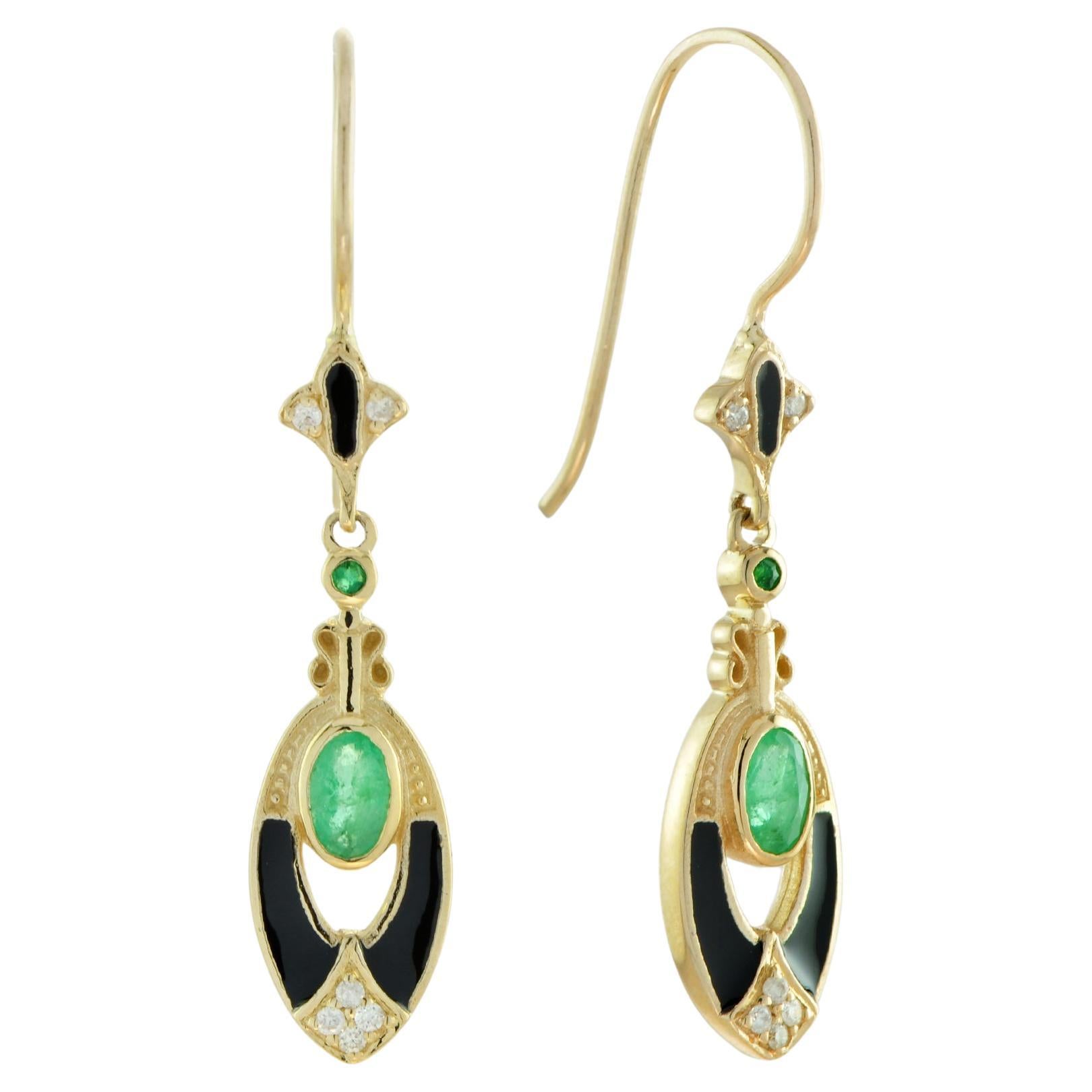 Antique Style Emerald Diamond Black Enamel Dangle Earrings in 9k Yellow Gold For Sale