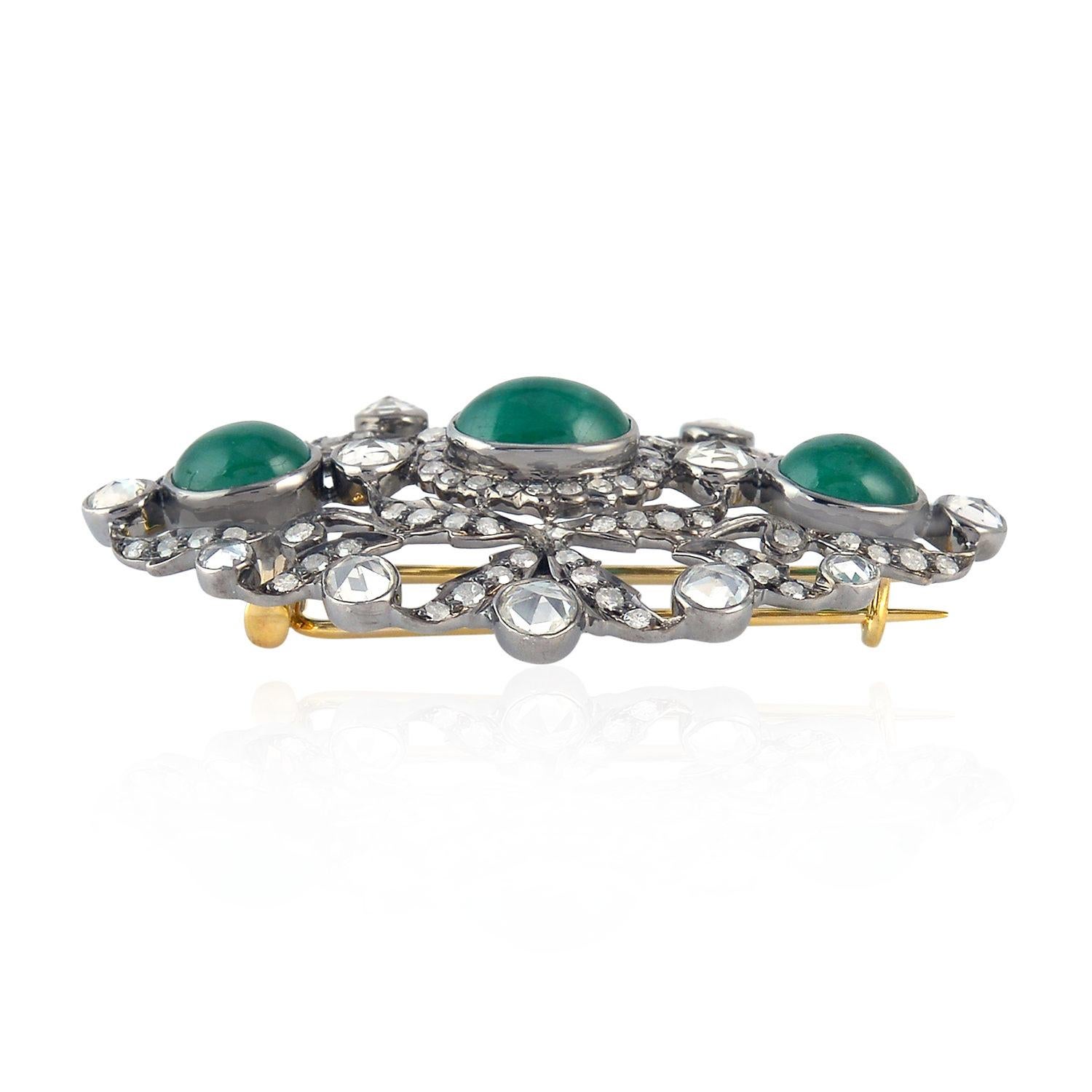 Artisan Antique Style Emerald Diamond Brooch For Sale