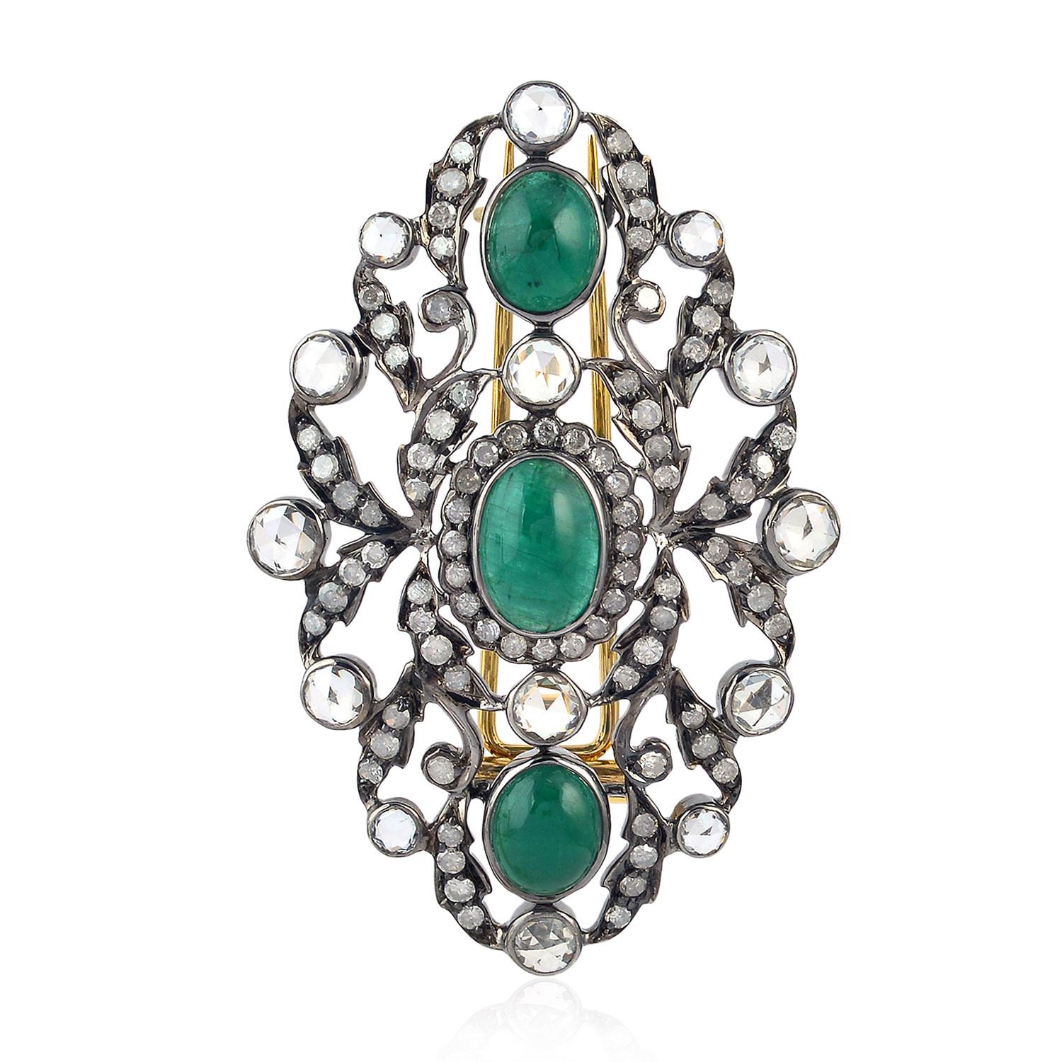 Cabochon Antique Style Emerald Diamond Brooch For Sale