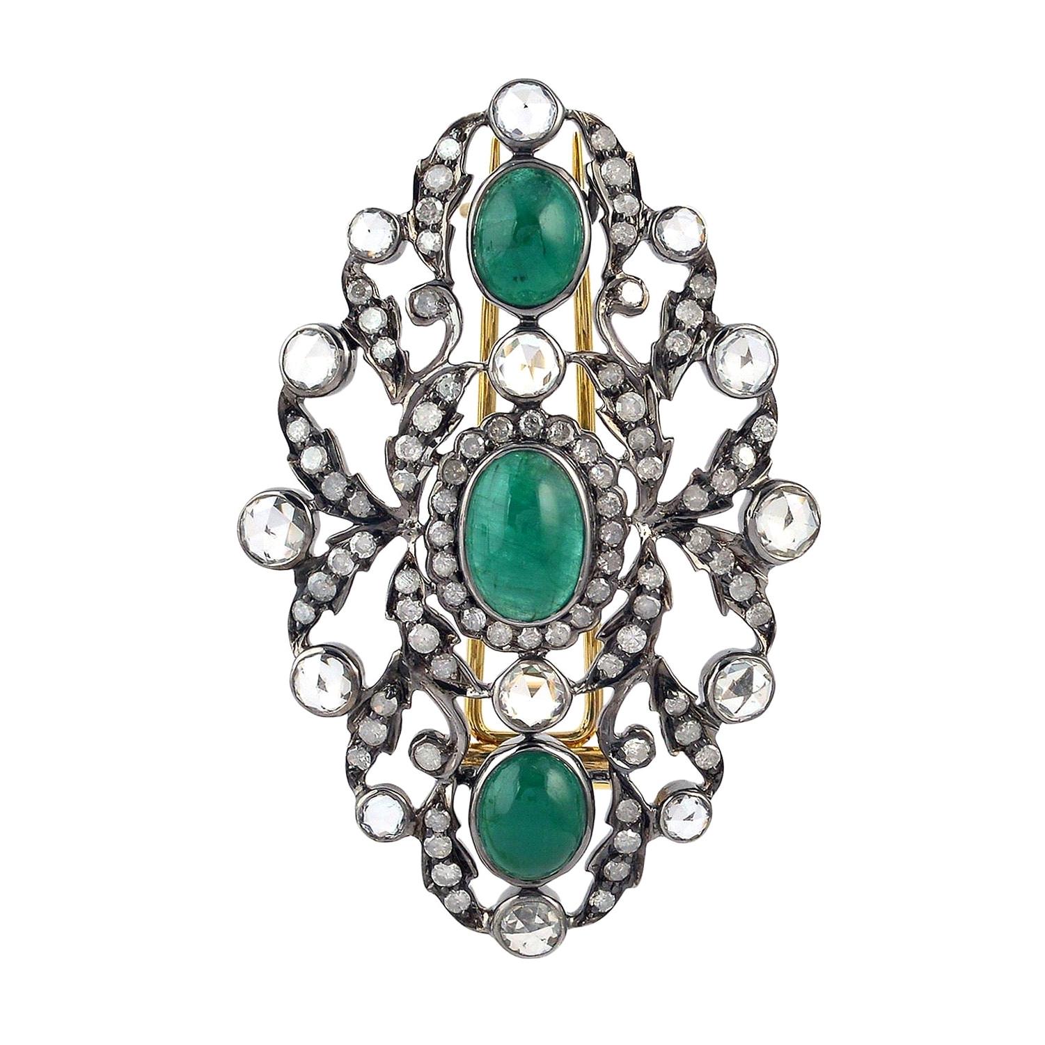 Antique Style Emerald Diamond Brooch