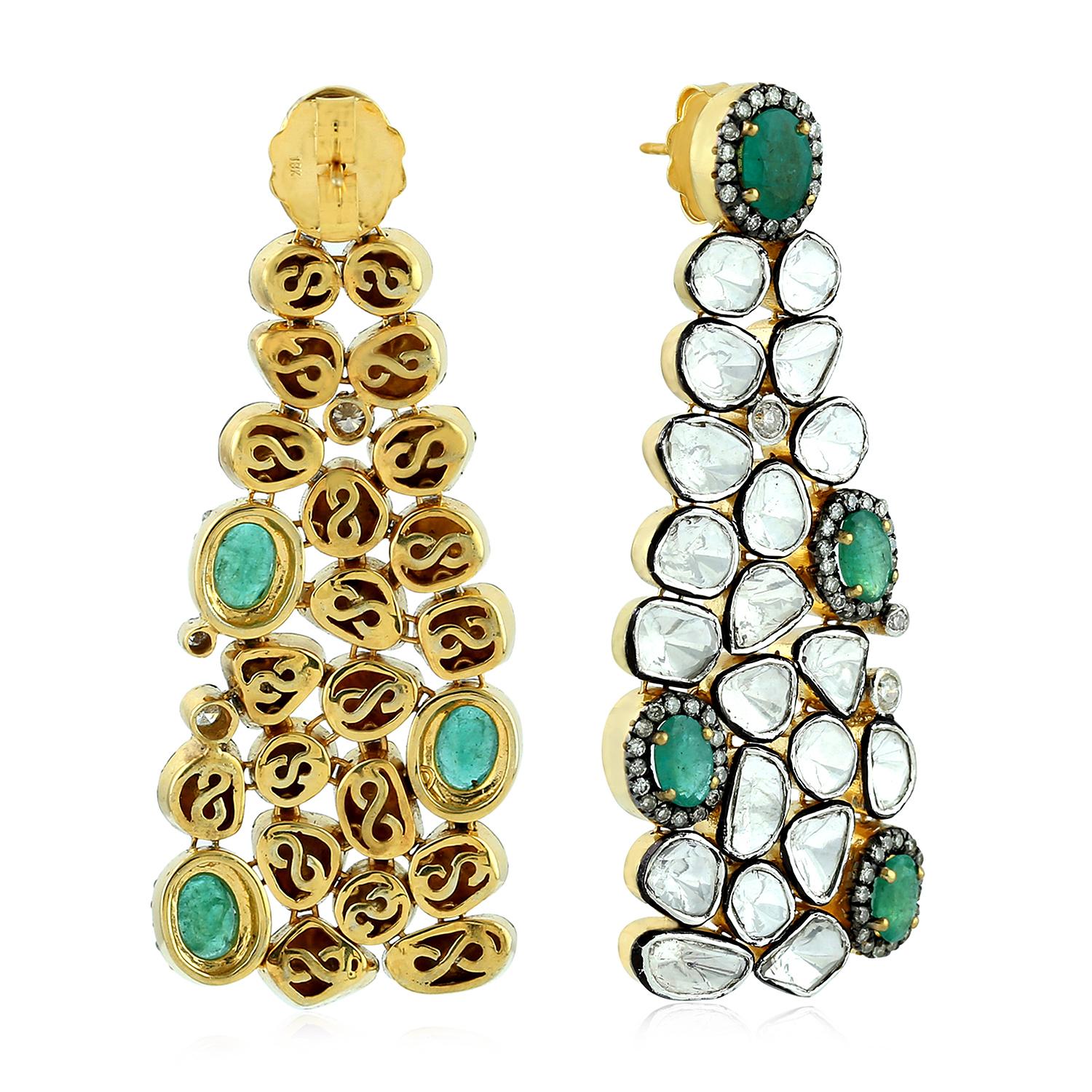 Artisan Antique Style Emerald Diamond Earrings For Sale