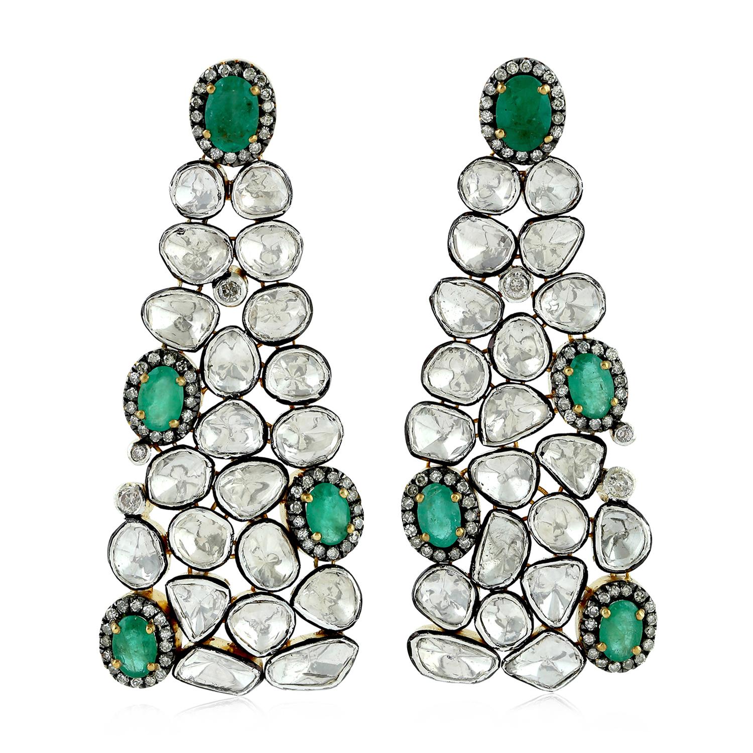 Rose Cut Antique Style Emerald Diamond Earrings For Sale