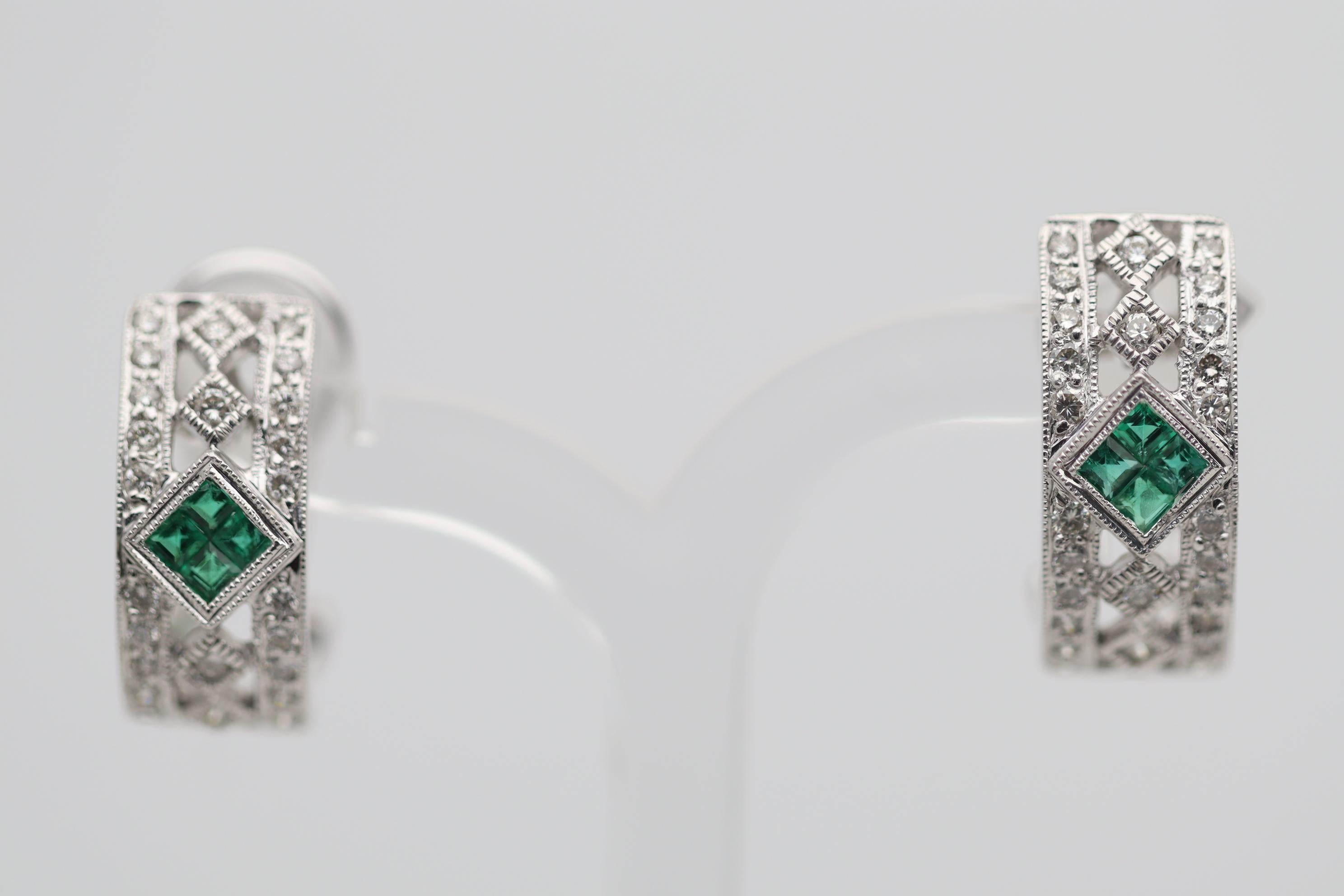 A sweet and stylish pair of 18k gold earrings made in the antique style. It features 0.54 carats of square-shape emeralds and 0.62 carats of round brilliant-cut diamonds. Adding to that, the earrings possess fine filigree with hand applied milgrain