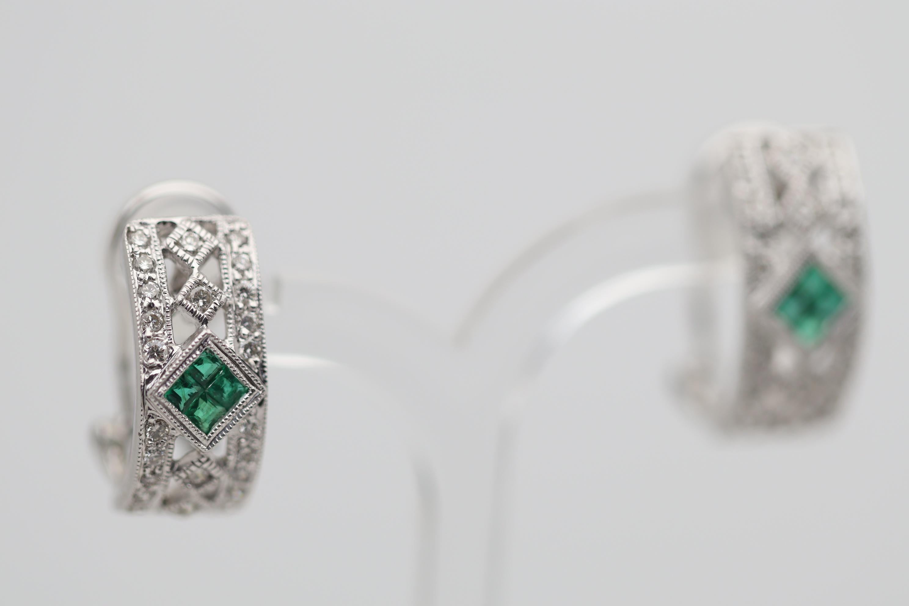 Emerald Cut Antique-Style Emerald Diamond Gold Earclip Earrings For Sale