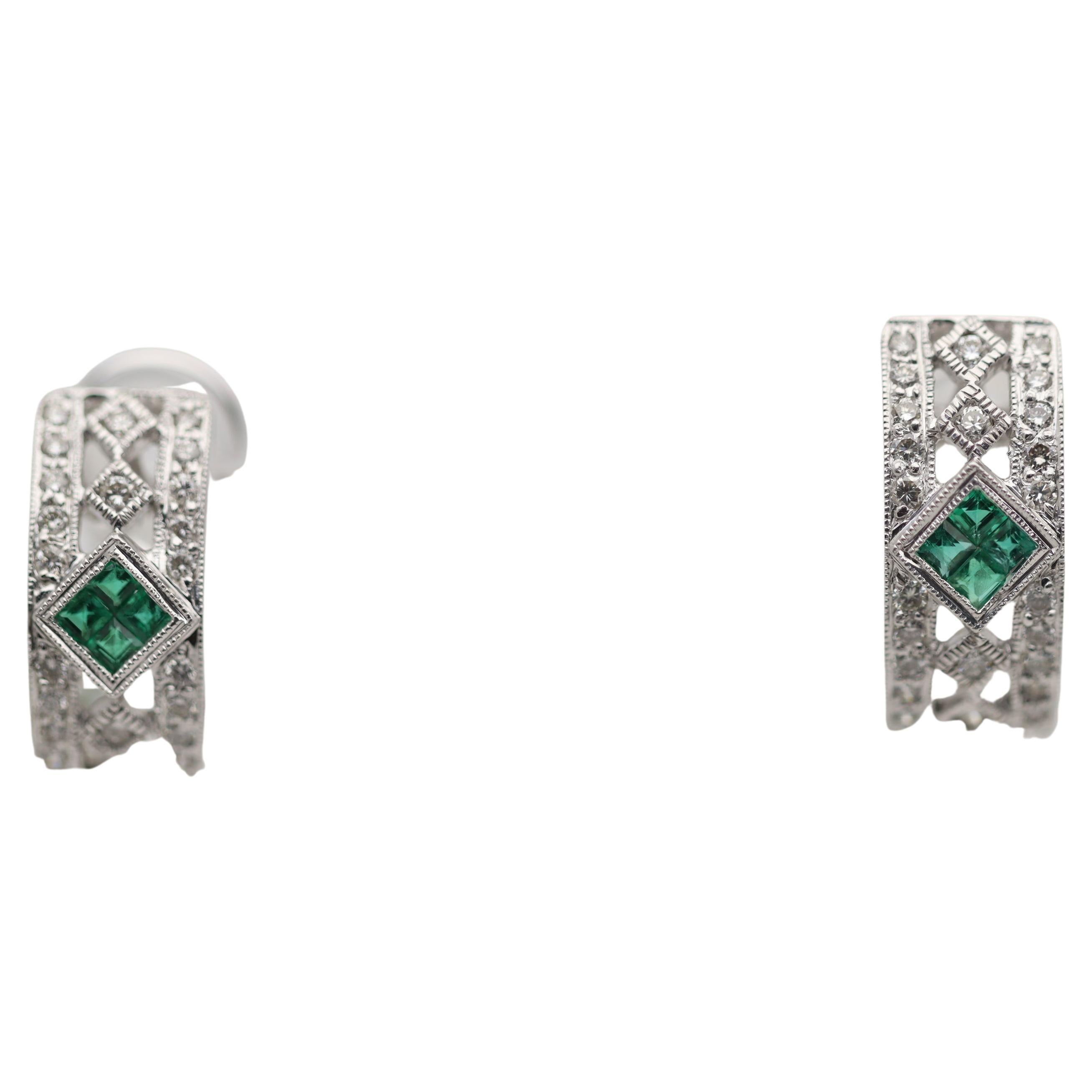 Antique-Style Emerald Diamond Gold Earclip Earrings For Sale