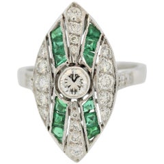 Antique Style Emerald Diamond Platinum Navette Ring