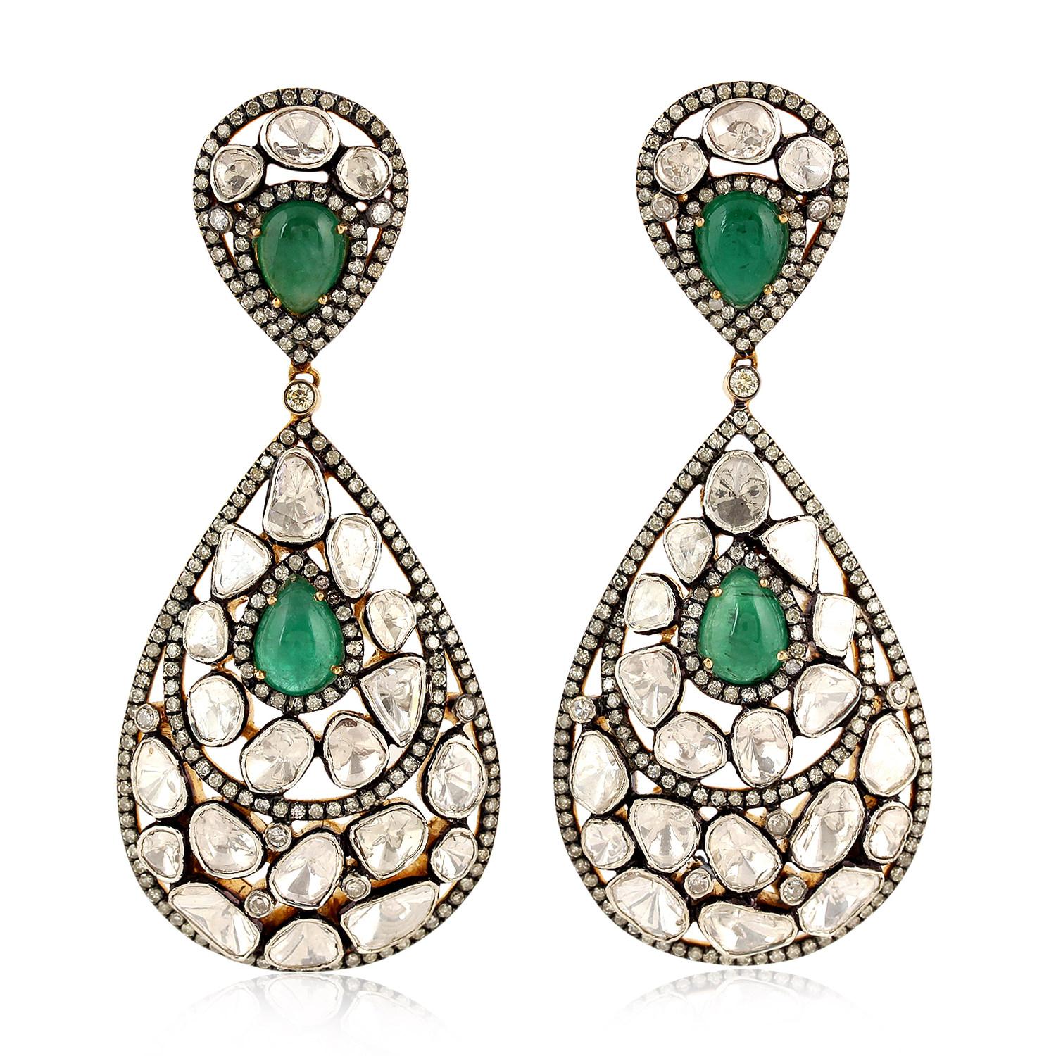 Antike Smaragd-Diamant-Ohrringe im Rosenschliff im Zustand „Neu“ im Angebot in Hoffman Estate, IL