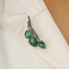 Antique Style Emerald, Yellow Sapphire & Diamond Foliate Brooch Pendant Silver