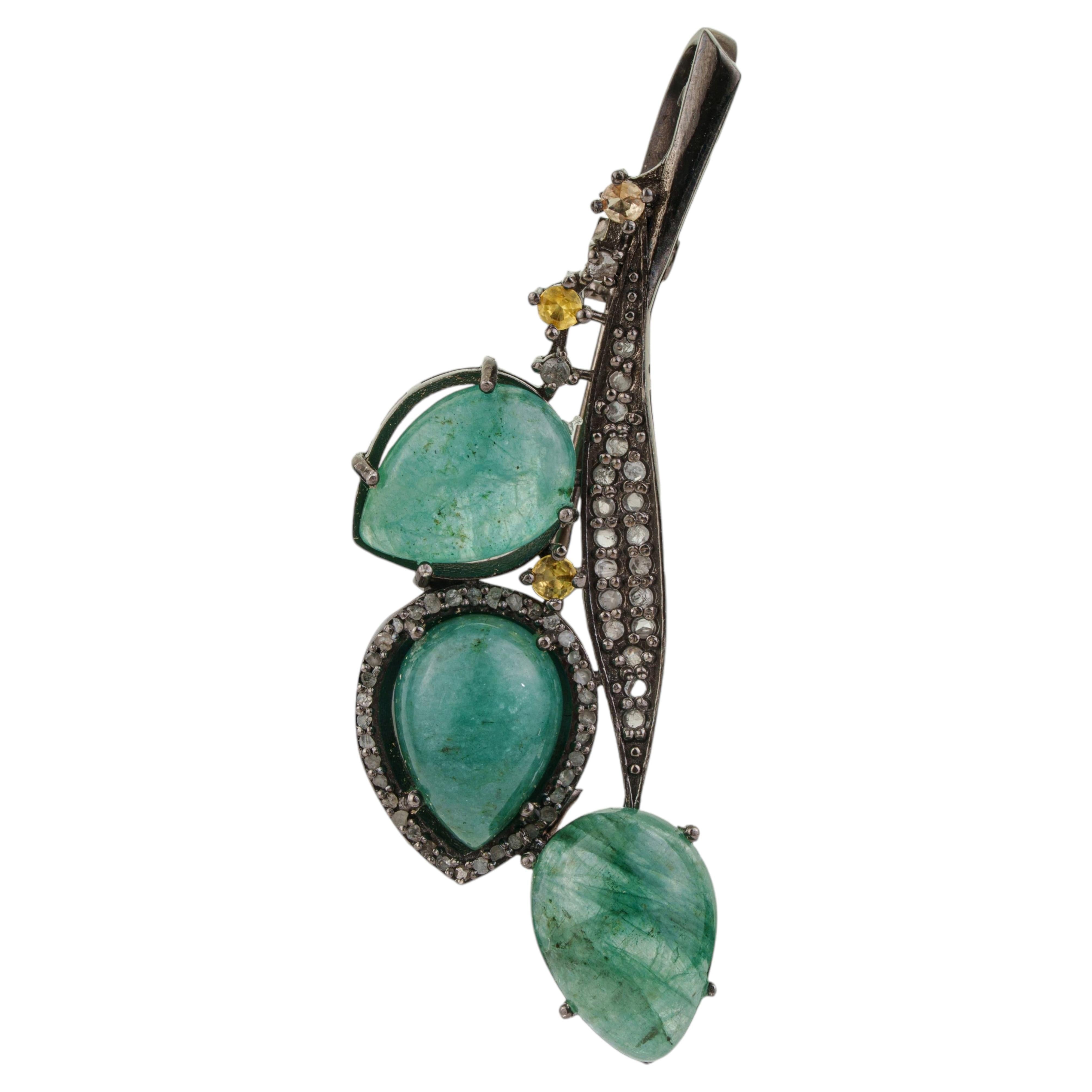 Antique Style Emerald, Yellow Sapphire & Diamond Foliate Brooch Pendant Silver
