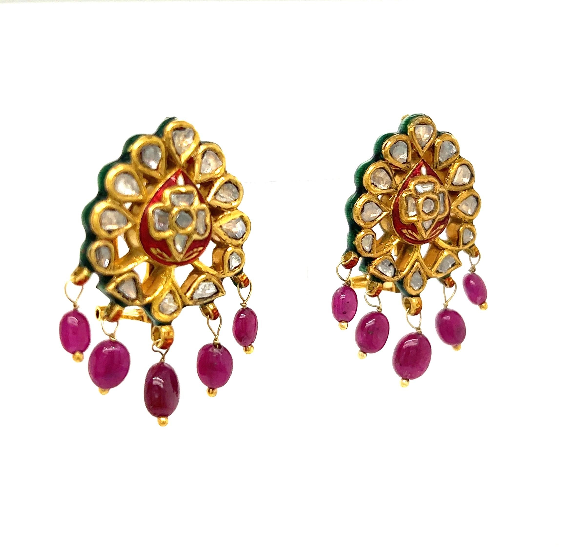 Artist Antique Style Enamel, Diamond and Ruby Earrings For Sale