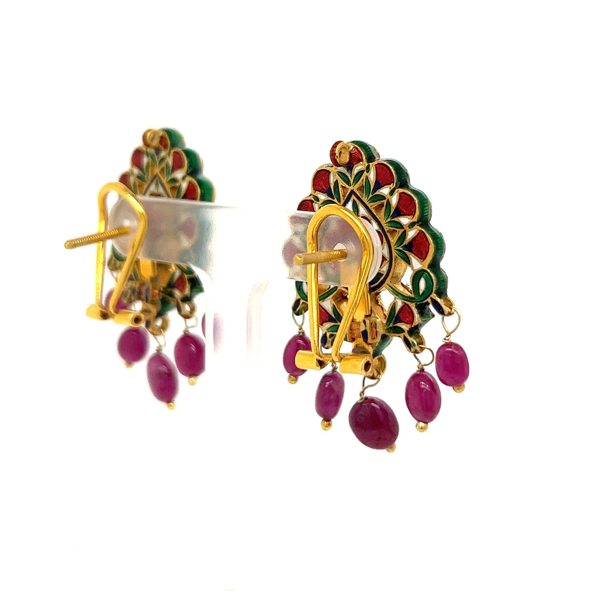 Round Cut Antique Style Enamel, Diamond and Ruby Earrings For Sale
