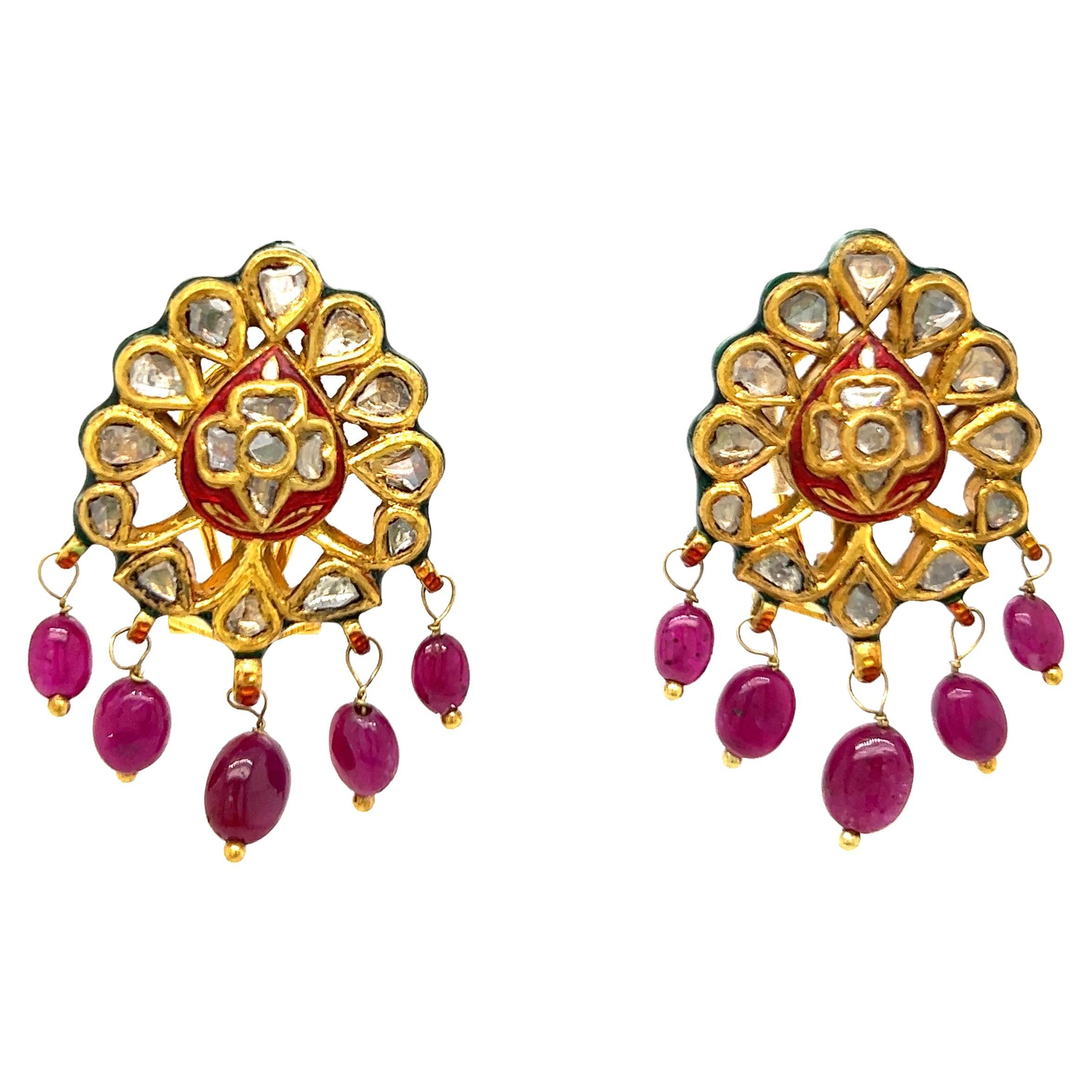 Antique Style Enamel, Diamond and Ruby Earrings For Sale
