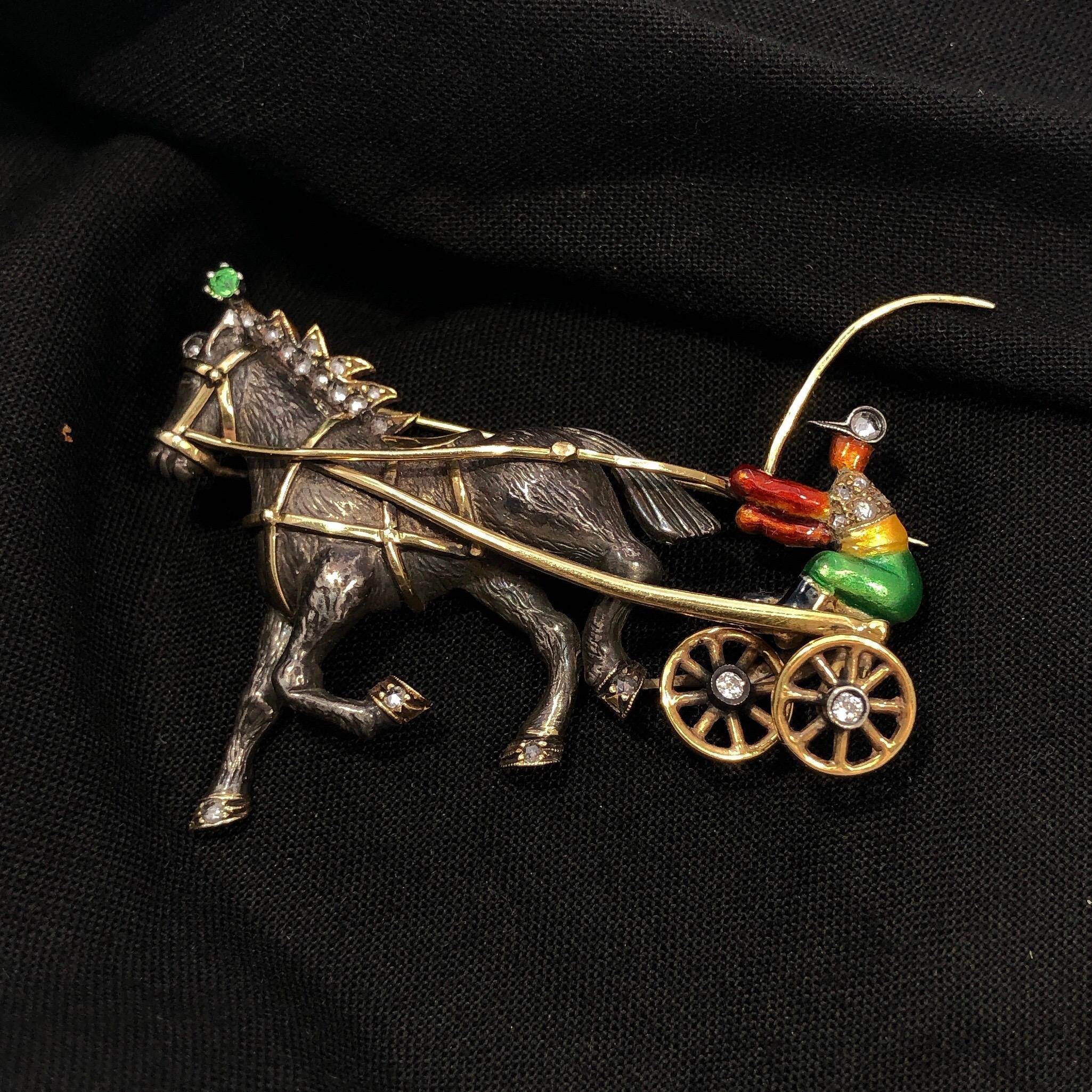 Old Mine Cut Antique Style Enamel Equestrian Trotter Brooch with Diamonds & Demantoid Garnet
