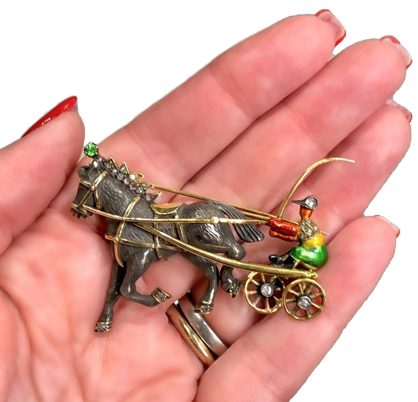 Antique Style Enamel Equestrian Trotter Brooch with Diamonds & Demantoid Garnet 1