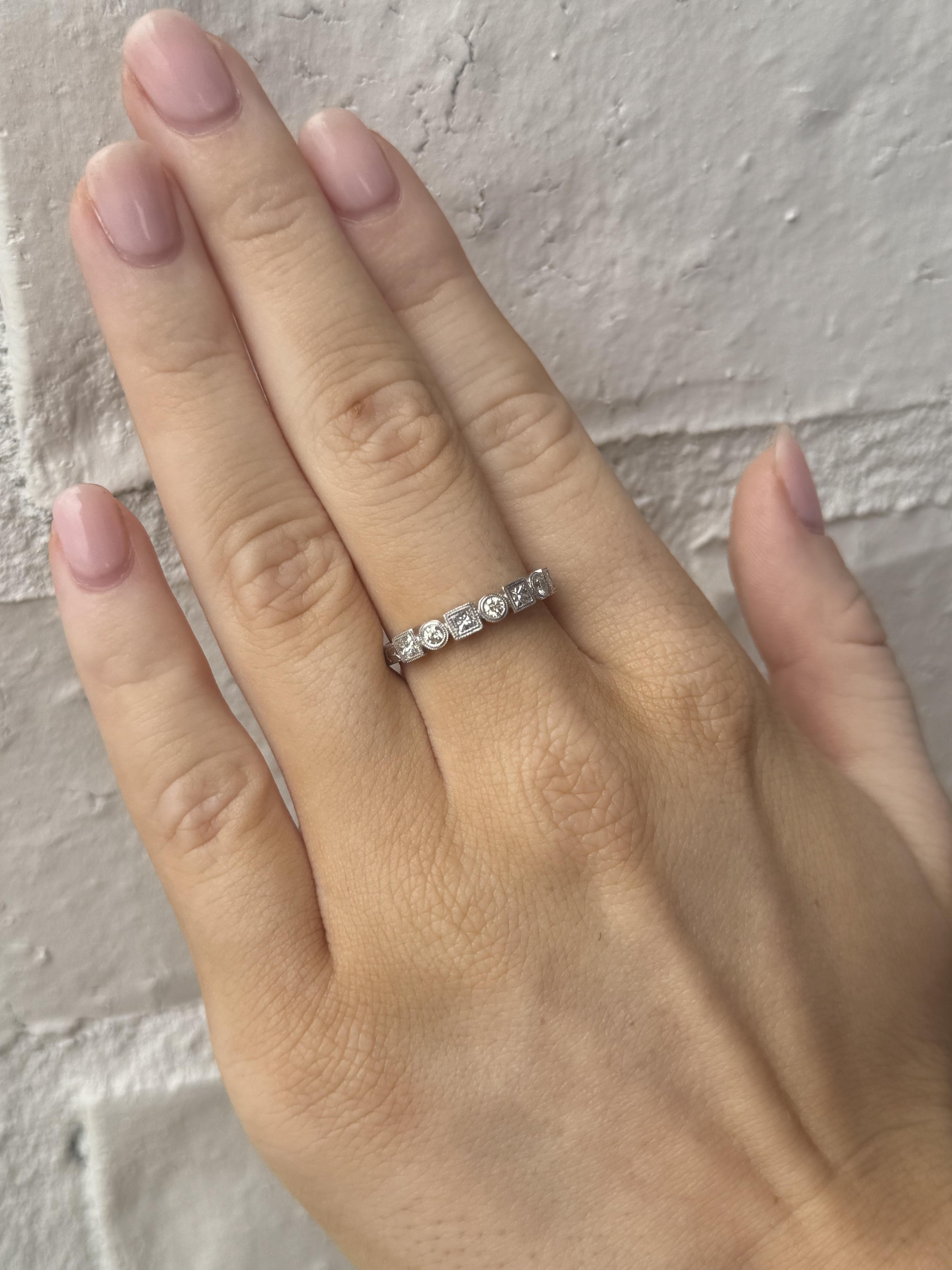 Art Deco Antique Style Engraved Diamond Wedding Band 14K White Gold For Sale