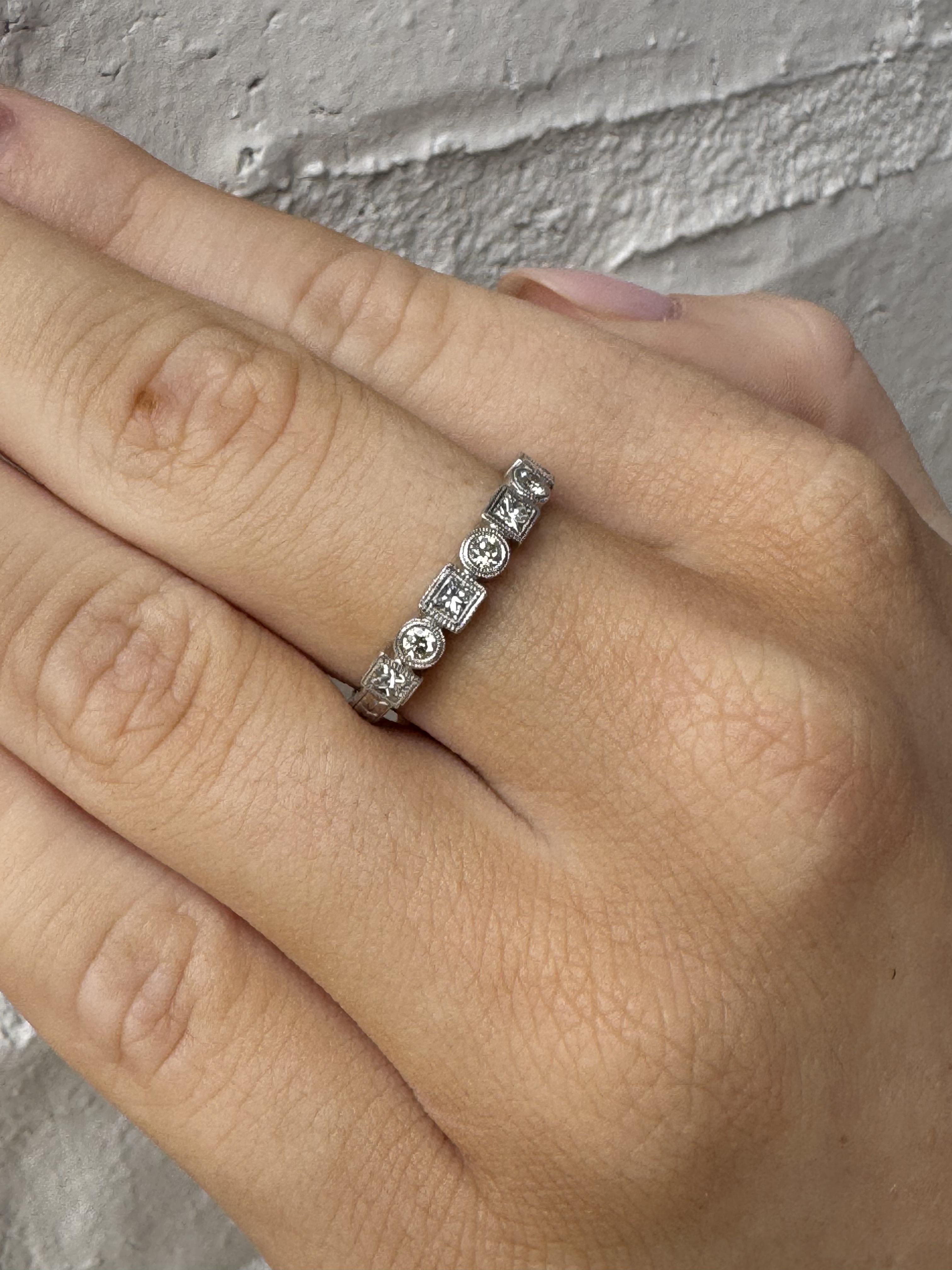 Brilliant Cut Antique Style Engraved Diamond Wedding Band 14K White Gold For Sale