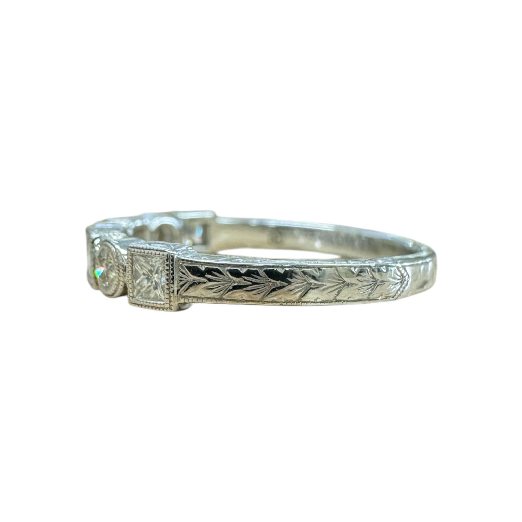 Antique Style Engraved Diamond Wedding Band 14K White Gold For Sale 1