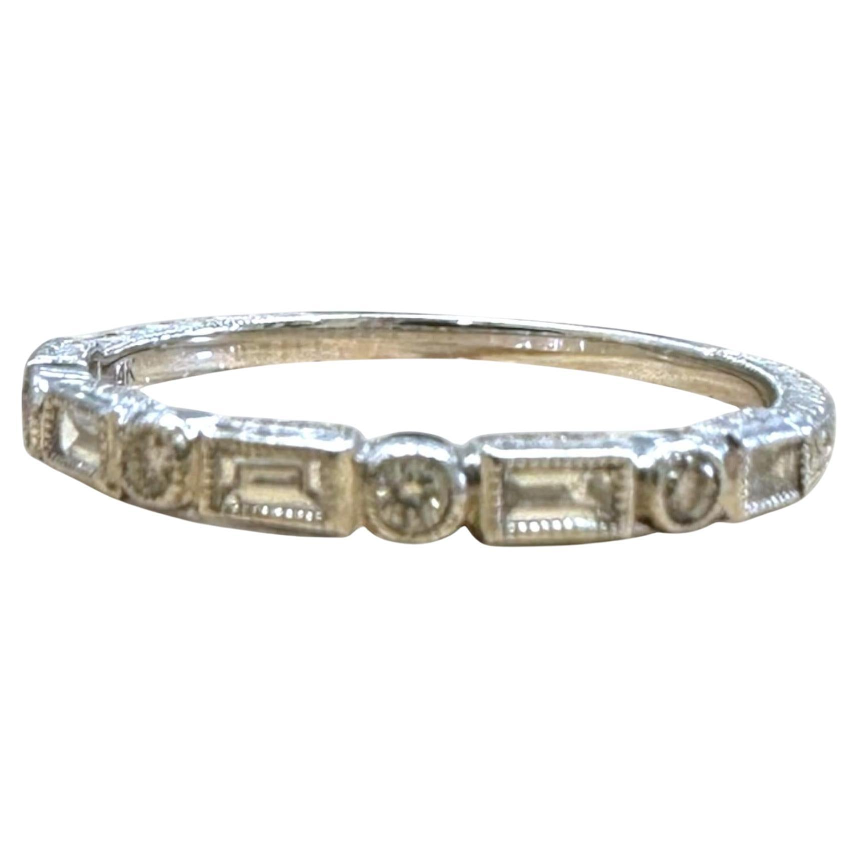 Alianza de Diamantes Grabada Estilo Antiguo 14K Oro Blanco