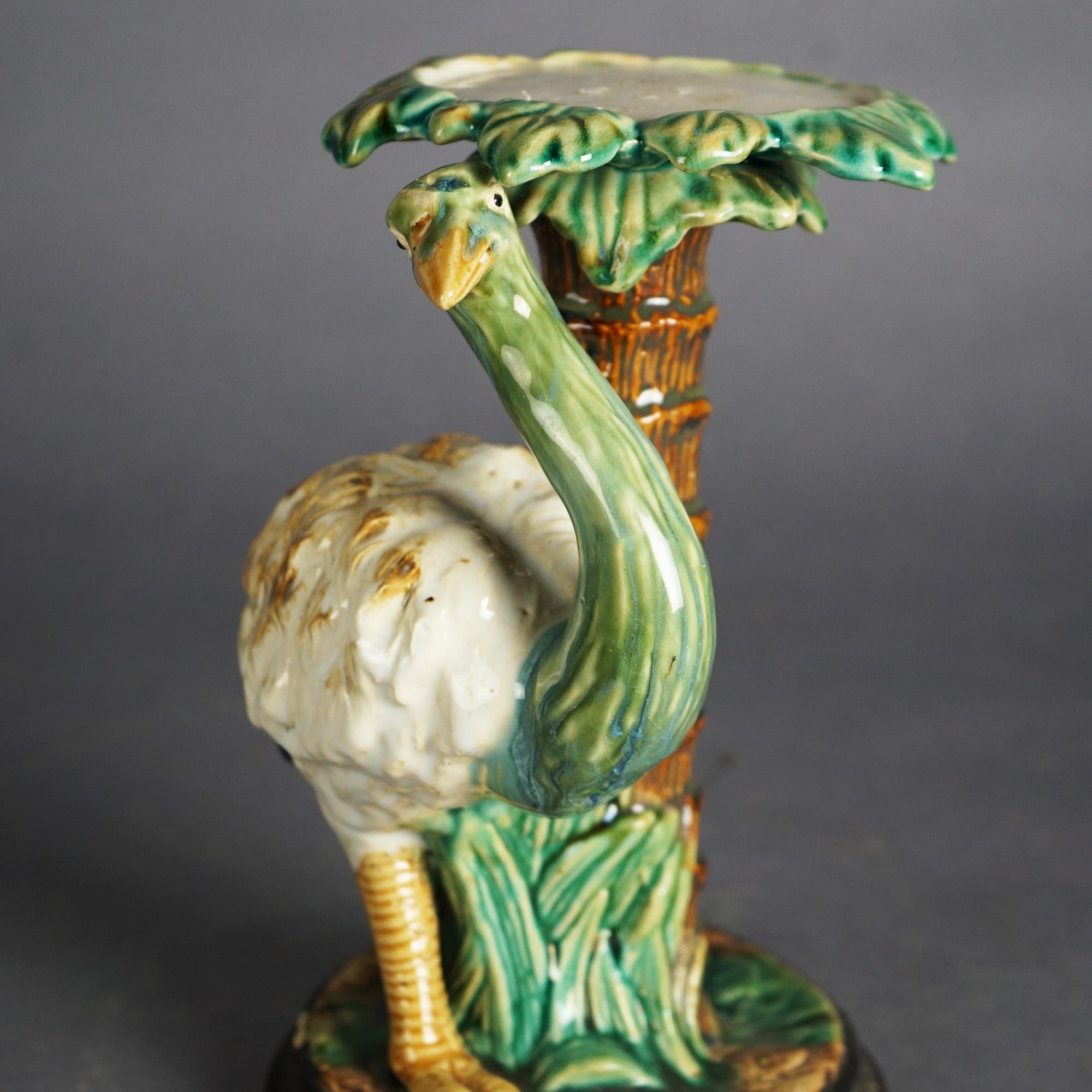 Antique Style Figural Majolica Pottery Crumpet Stand with Emu & Palm Tree, 20thC In Good Condition For Sale In Big Flats, NY