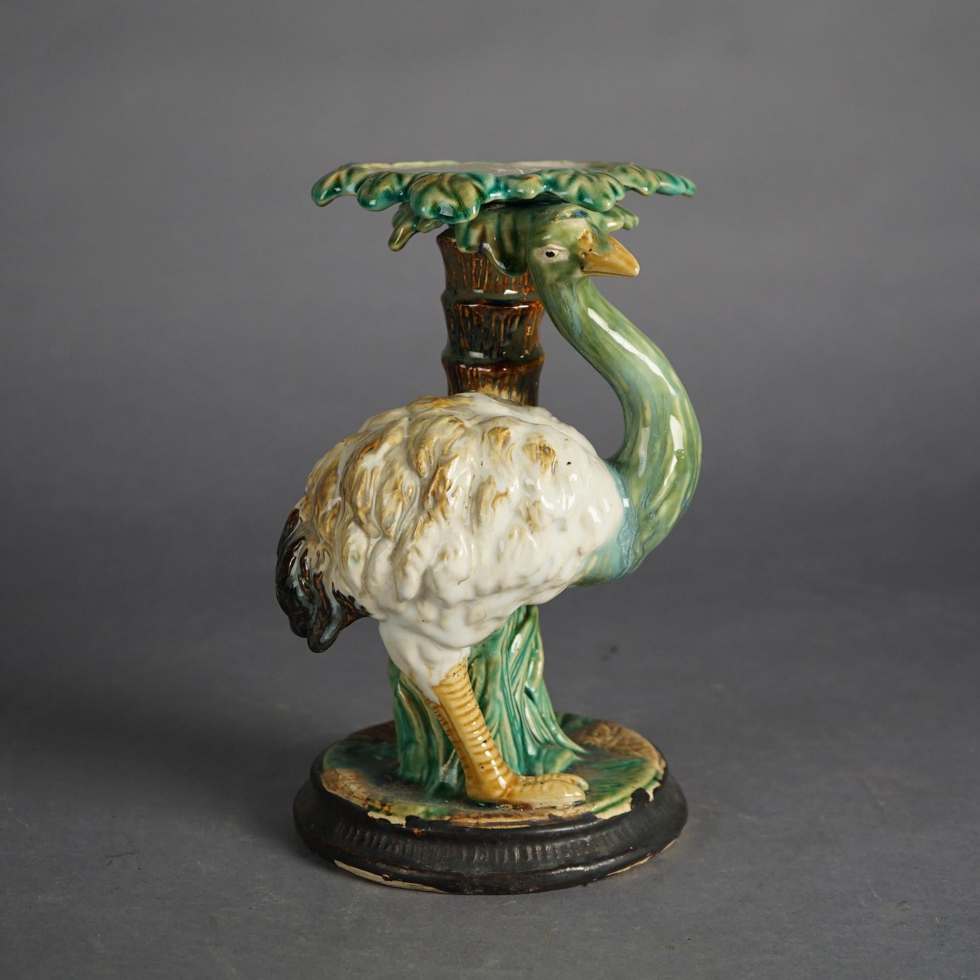 Antique Style Figural Majolica Pottery Crumpet Stand with Emu & Palm Tree, 20thC For Sale 1