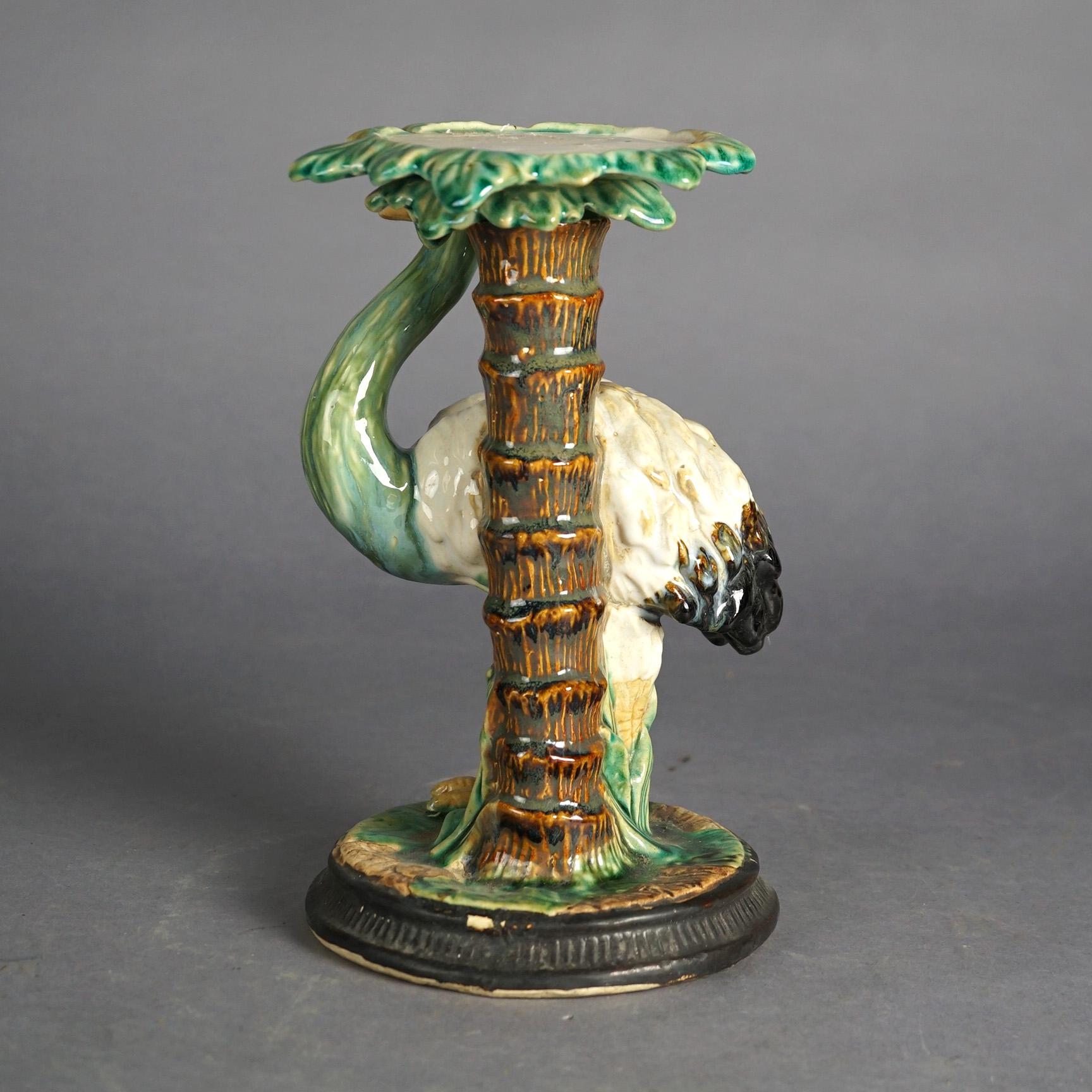 Antique Style Figural Majolica Pottery Crumpet Stand with Emu & Palm Tree, 20thC For Sale 2