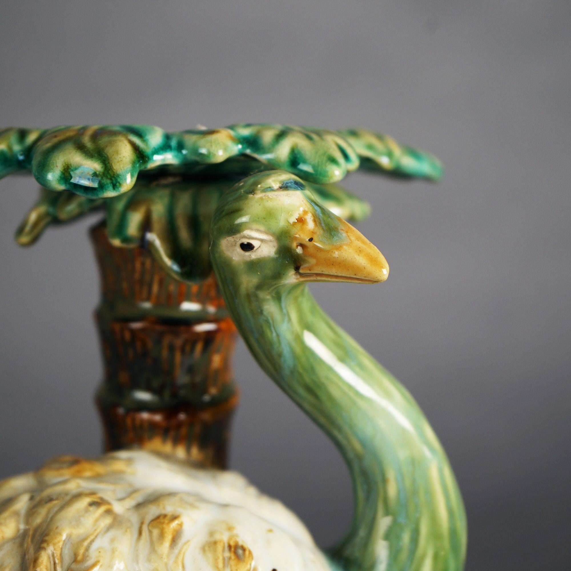 Antique Style Figural Majolica Pottery Crumpet Stand with Emu & Palm Tree, 20thC For Sale 3